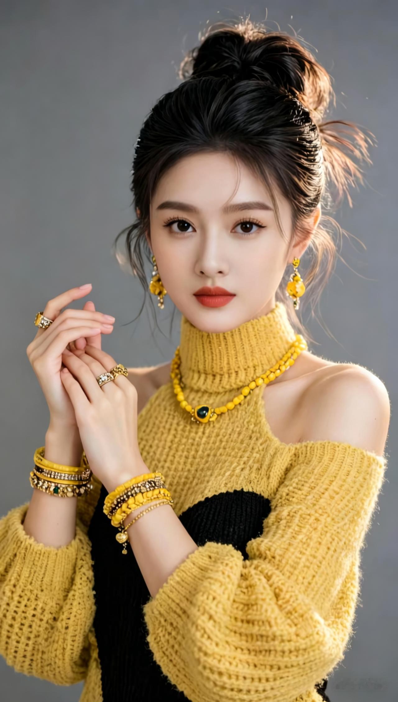 利落丸子头美女身着黄黑撞色露肩毛衣，搭配全套精致金色珠宝配饰，耳环、项链、手链与