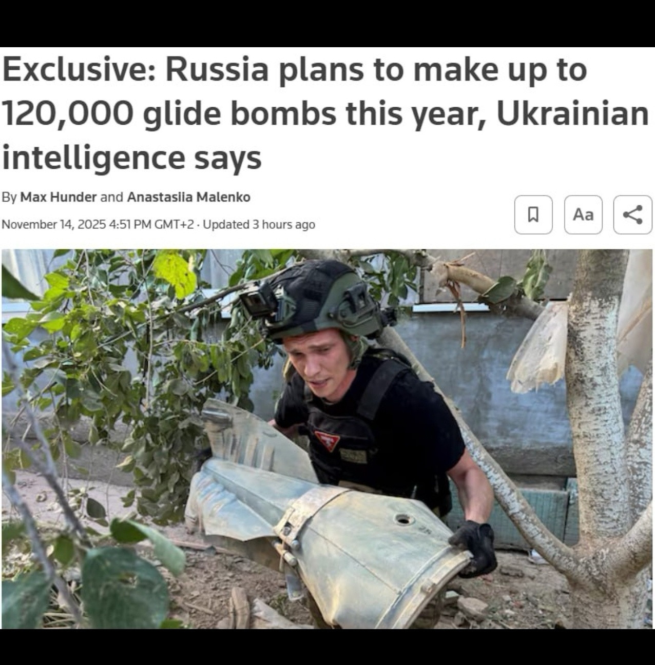 据乌克兰情报总局称，俄罗斯计划在年底前生产多达12万枚制导航弹，其中包括5