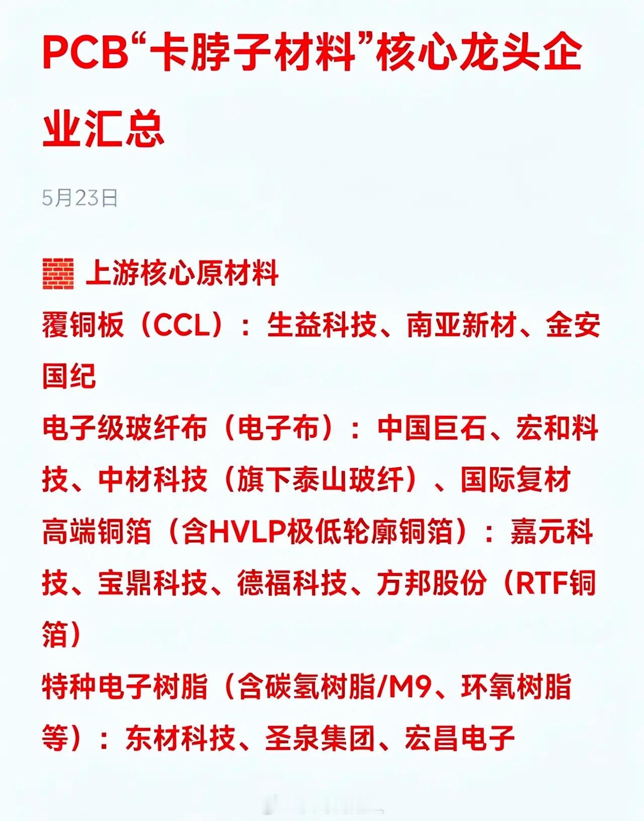 PCB“卡脖子材料”核心龙头企业汇总🧱上游核心原材料覆铜板（CCL）：生益科
