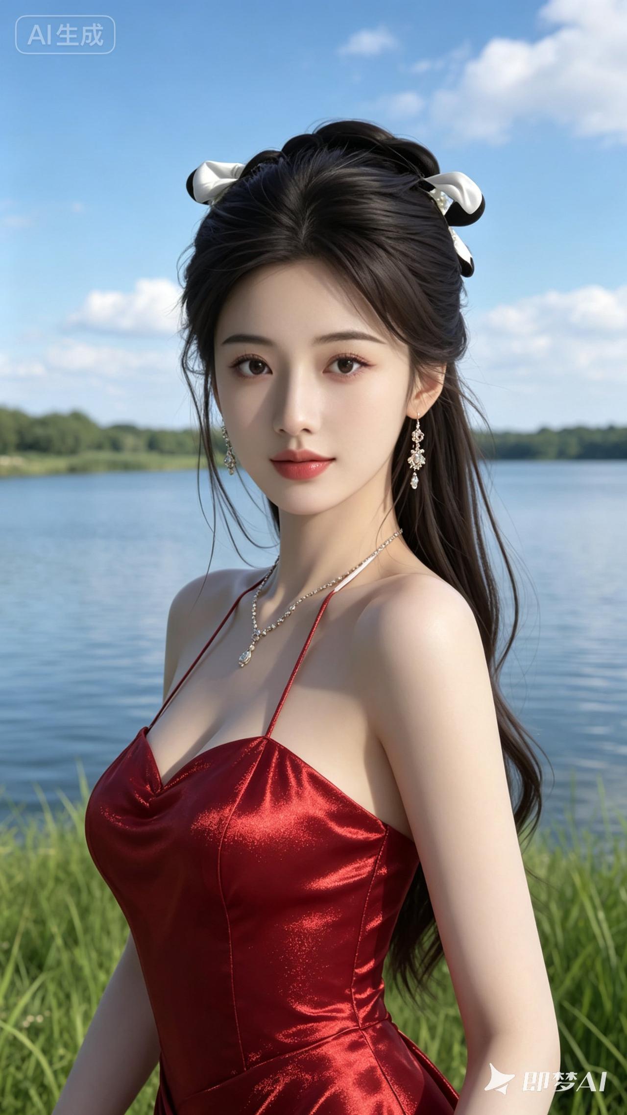 湖畔红衣少女，优雅动人，尽显自然之美