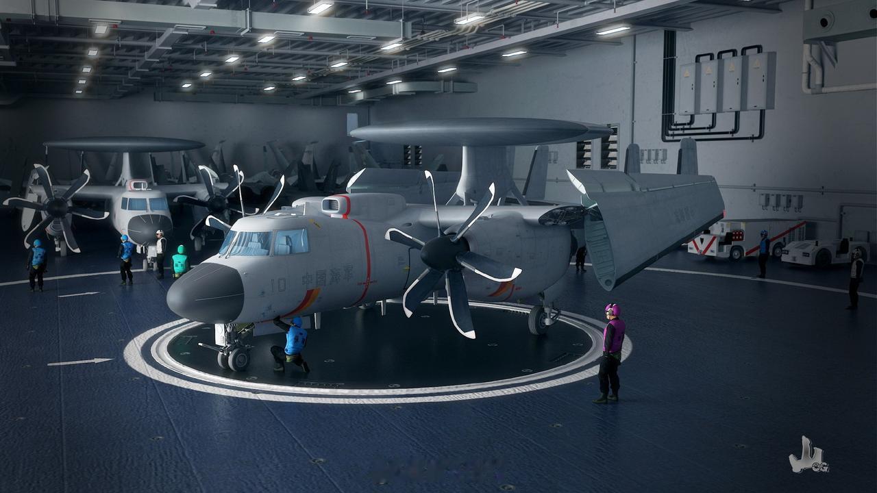感谢大牛神作，转发高山的CG作品，空警-600停放在福建号航母的机库中，主机翼已