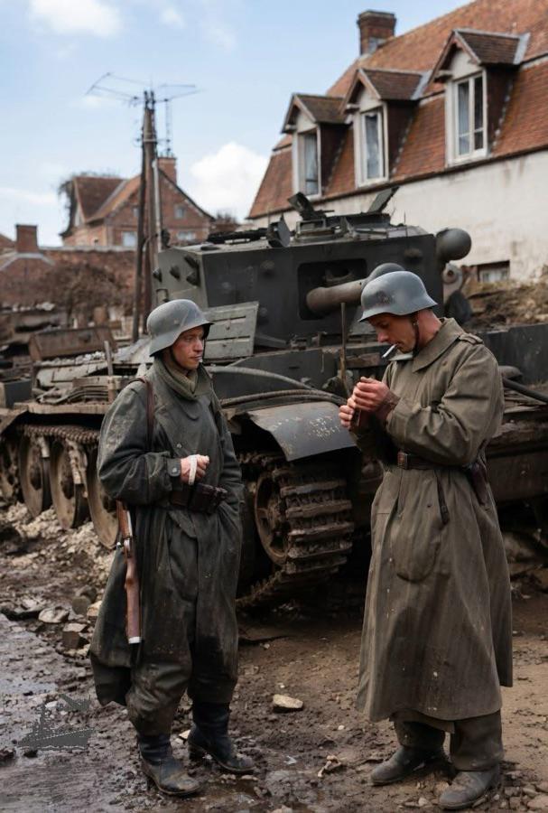 1944年6月，盟军诺曼底登陆战期间，两名德军士兵正在战斗间隙休憩！他们身旁停着