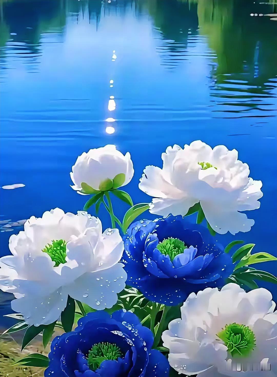 湖边的花朵娇艳动人，宛如一幅绚丽的水彩画。湖边盛开的花湖边花景湖边花卉湖边