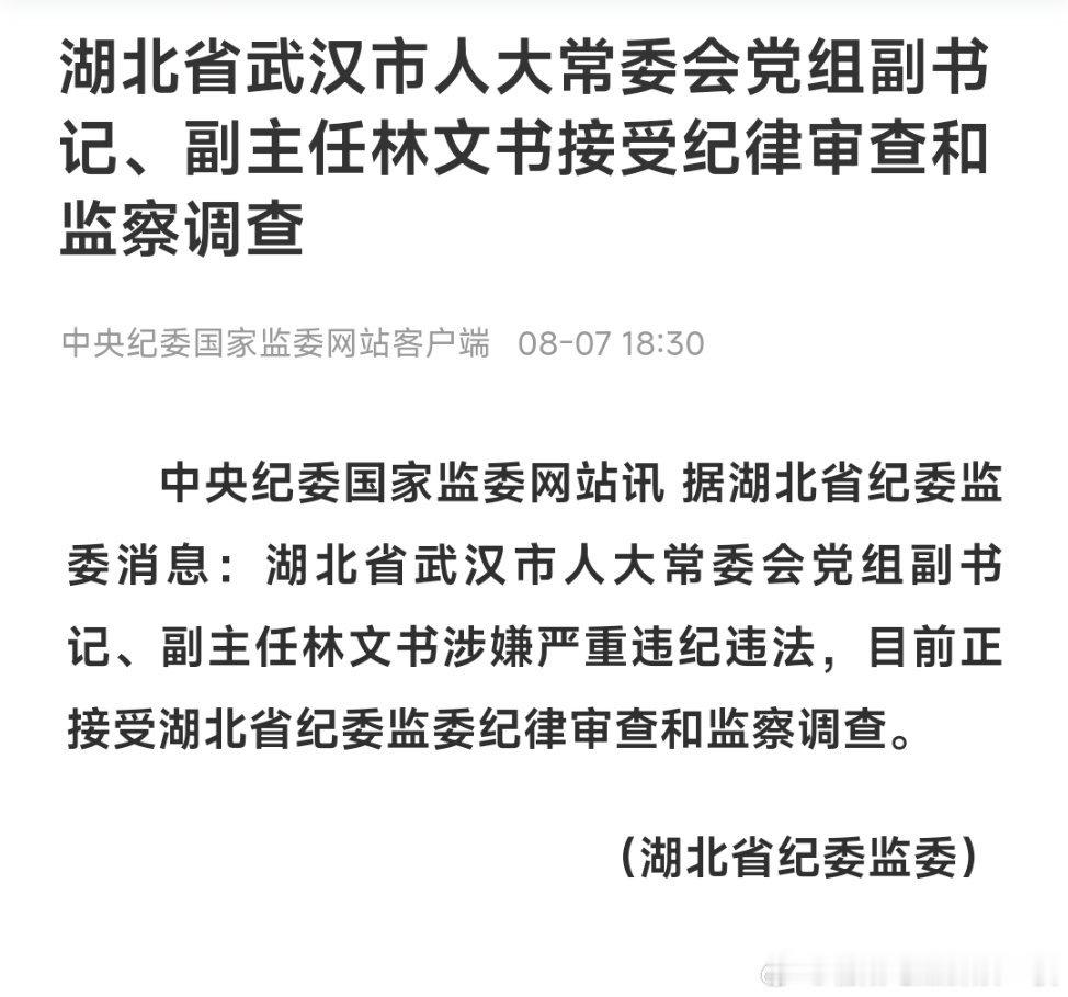 武汉市人大常委会党组副书记、副主任林文书接受纪律审查和监察调查。