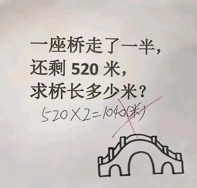 宝妈晒六年级作业引发讨论：“桥走一半剩520米，求桥长”，孩子列520×2却