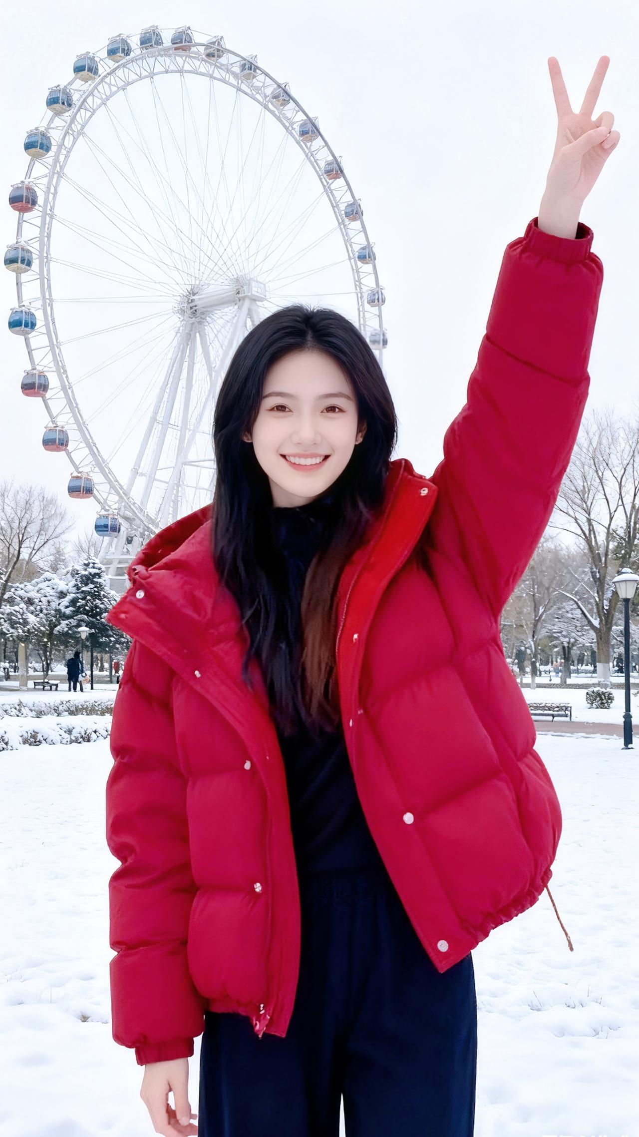 雪后的公园像被揉碎的月光铺了满地，她裹着一身热烈的红，像枝莽撞撞跳进冬夜的梅。