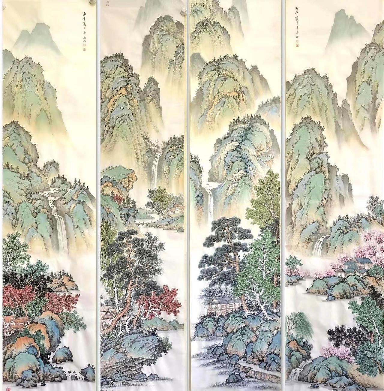 仿古山水。四条屏创作者中心创作灵感山水画四条屏书画传承