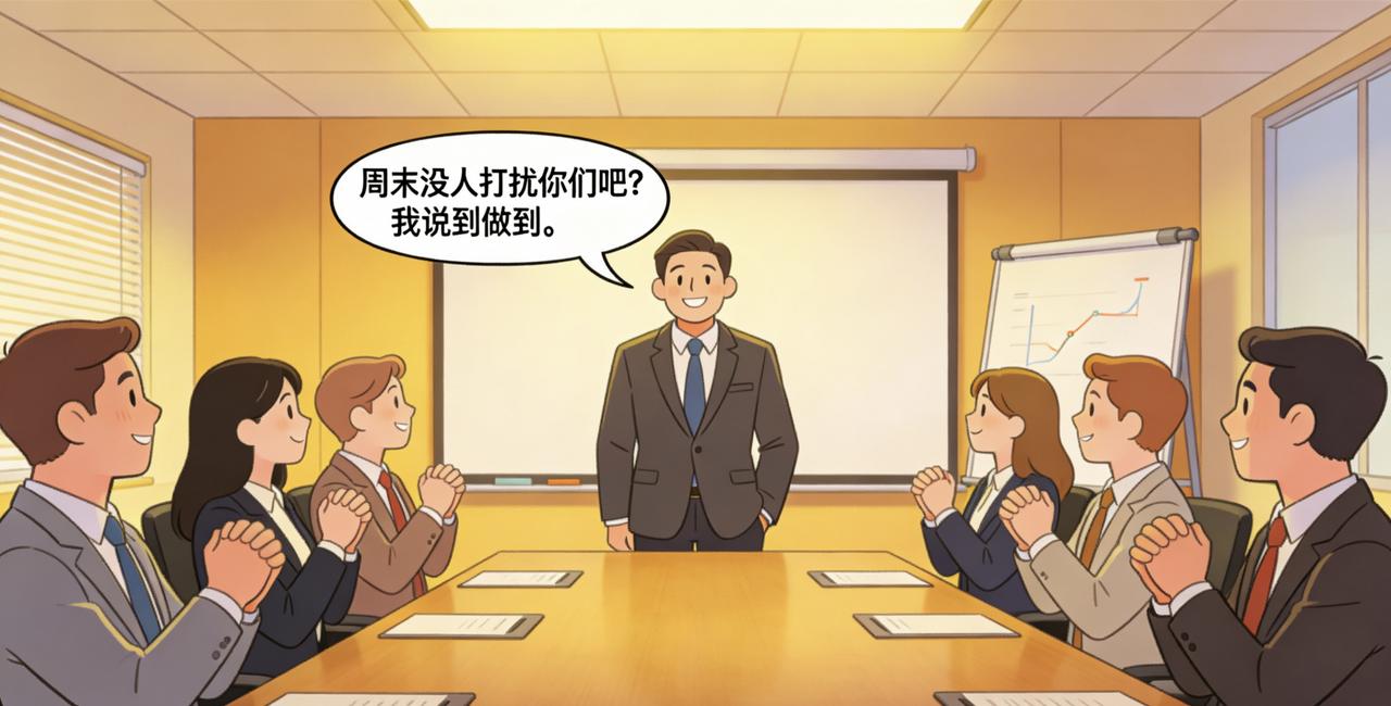 周五晚上八点，领导在群里发了一条消息：“大家辛苦了，这周末好好休息，工作的事下