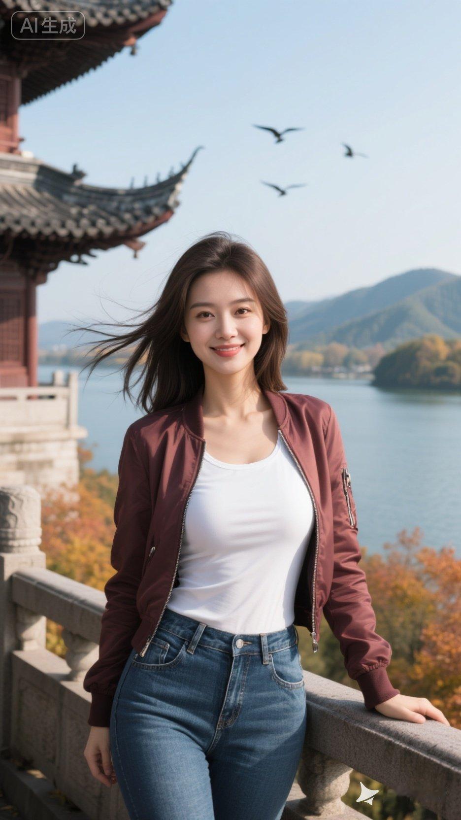 秋日游园，少女与古塔相伴，笑靥如花
