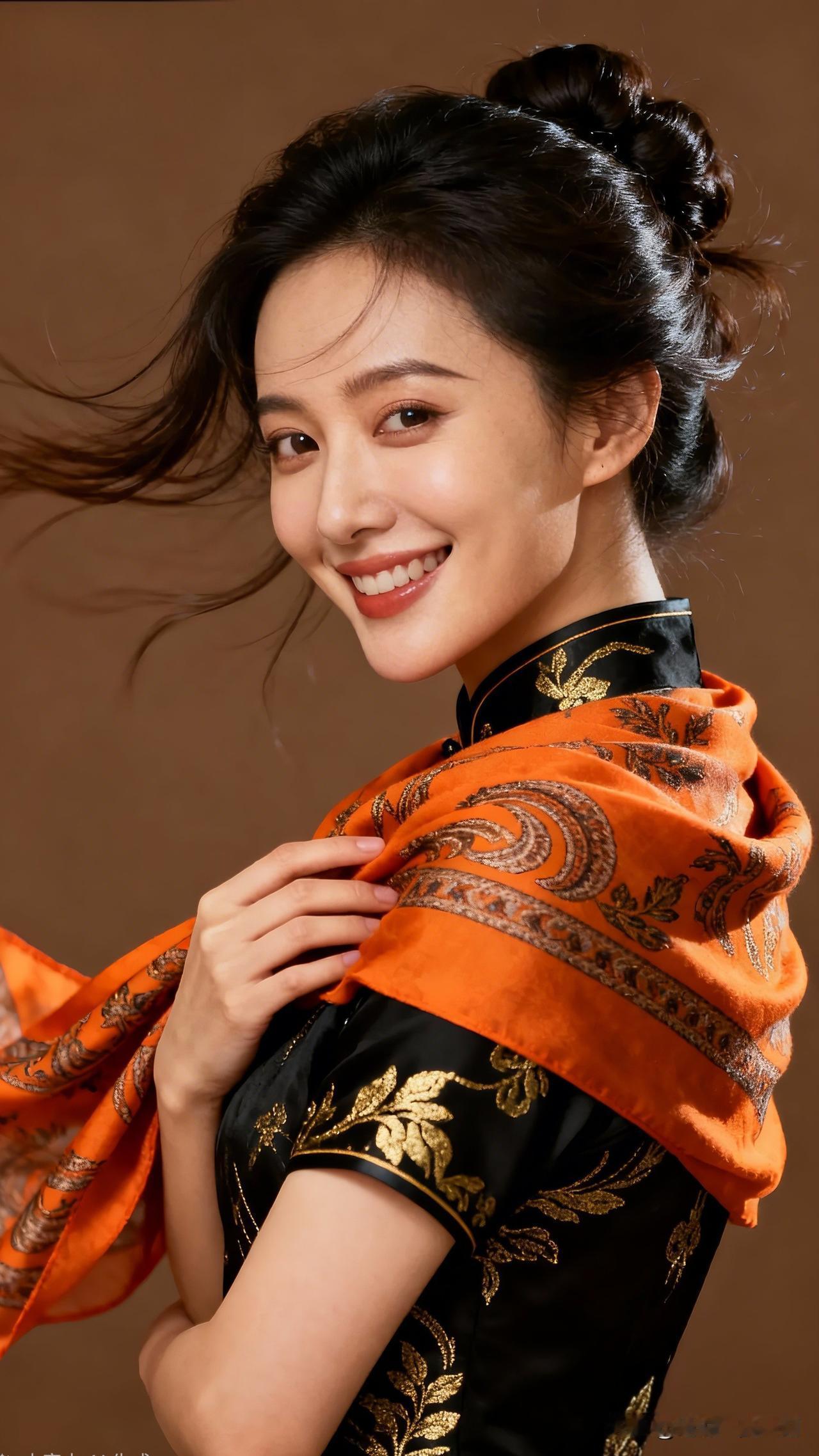优雅东方美人，黑金旗袍与橙色丝巾的完美搭配，尽显古典韵味！什么样的女人让男人看了