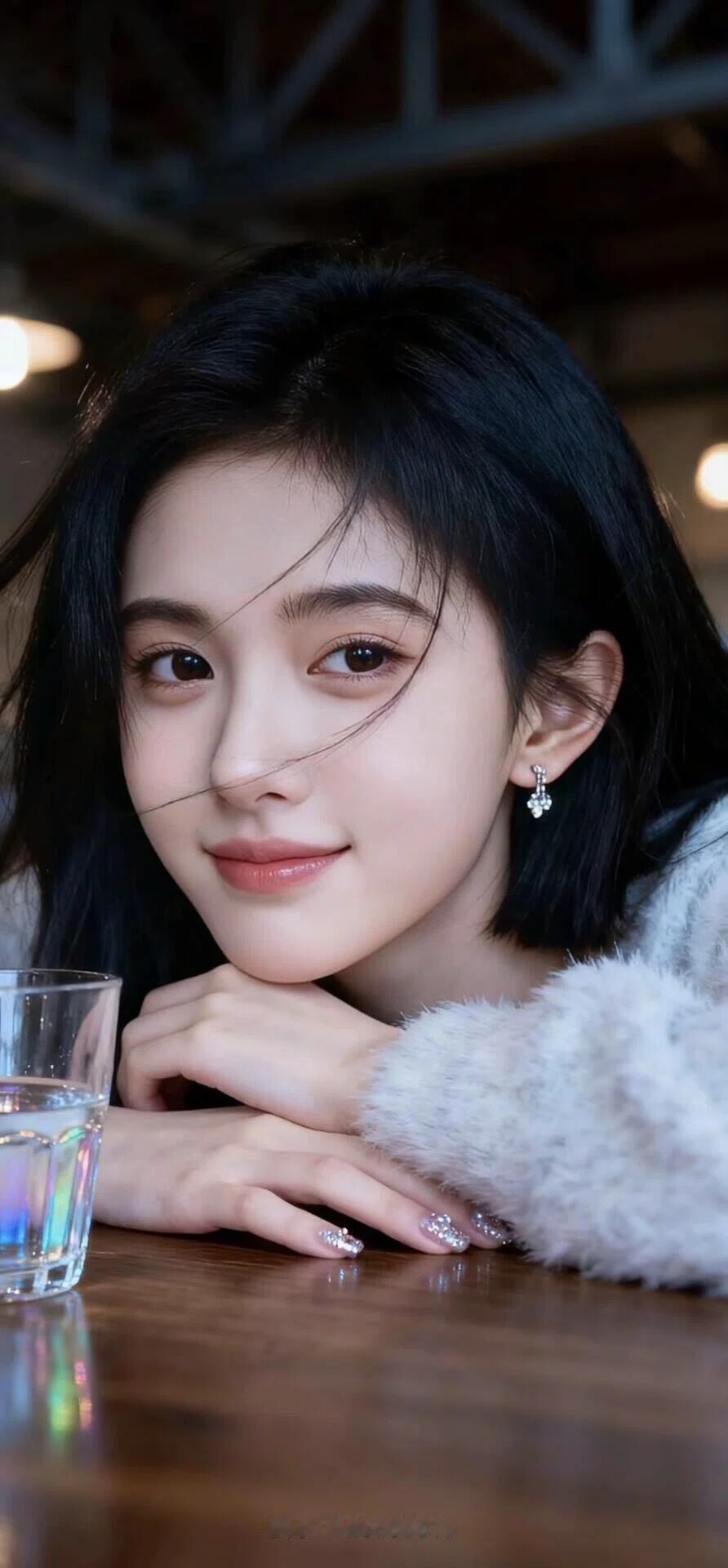 温柔微笑，黑发飘逸，一杯清茶，静享时光。