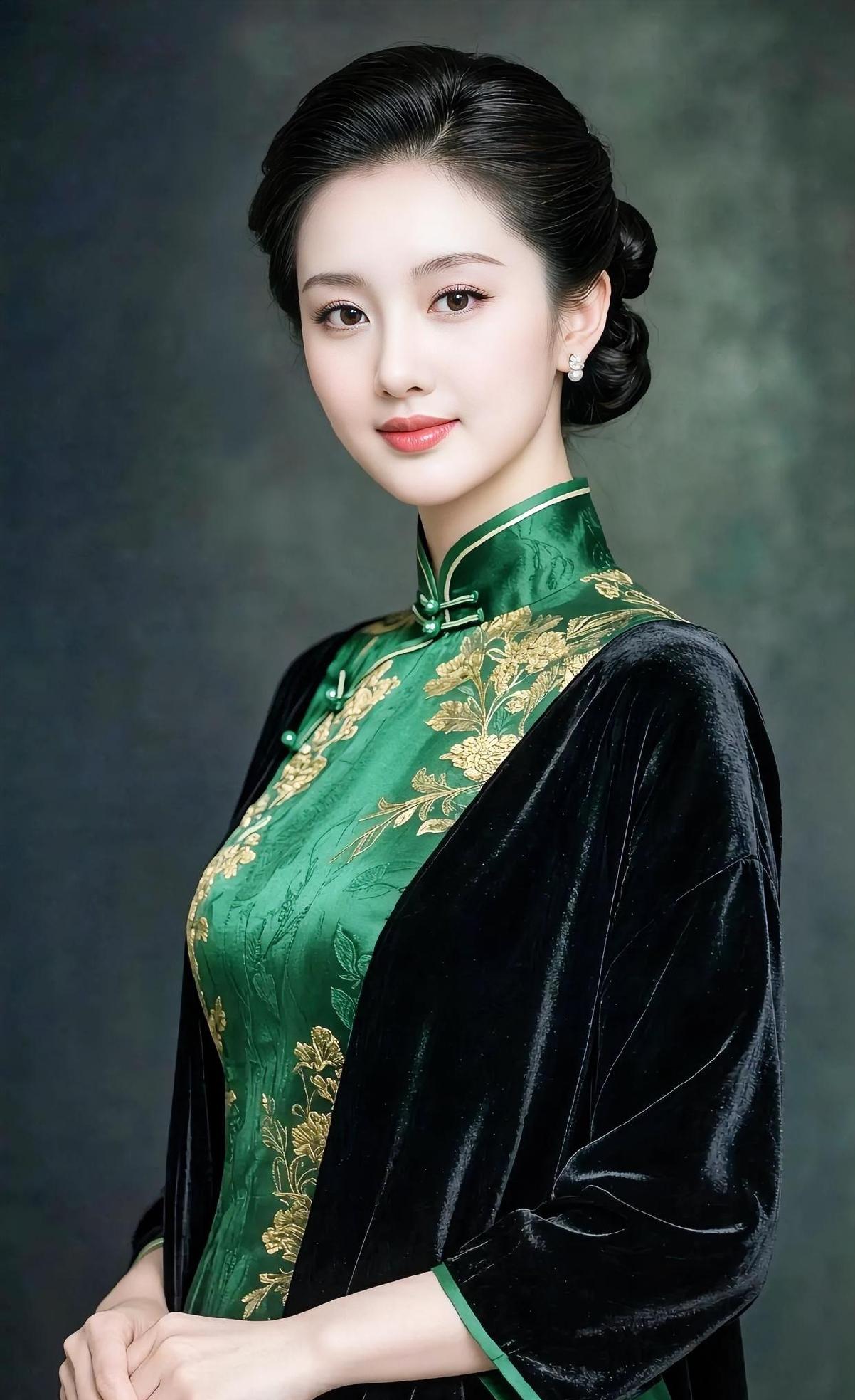 《翠色金绣的东方韵》墨绿旗袍，浸着岁月的沉香，金绣繁花，沿着衣襟悄然绽放