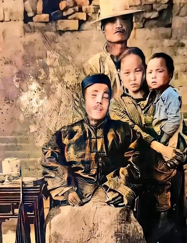 她用手撑着丈夫的遗体，拍下了这张“全家福”，那男人戴着瓜皮帽，穿着马褂，像是睡着