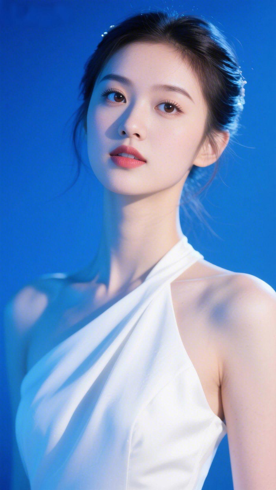 《蓝境白裙映清柔》似浸在深海般的蓝幕里，她身着白裙如月光轻覆肩头，裙褶舒展