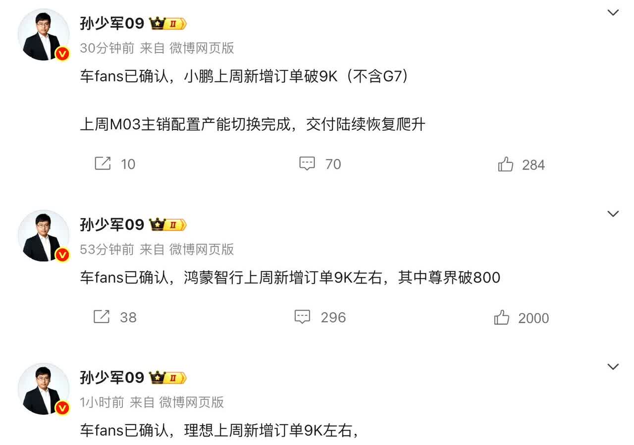 孙少军这周公布的新势力订单又增加了一家，理想再度光荣上榜。小鹏、鸿蒙智行、理