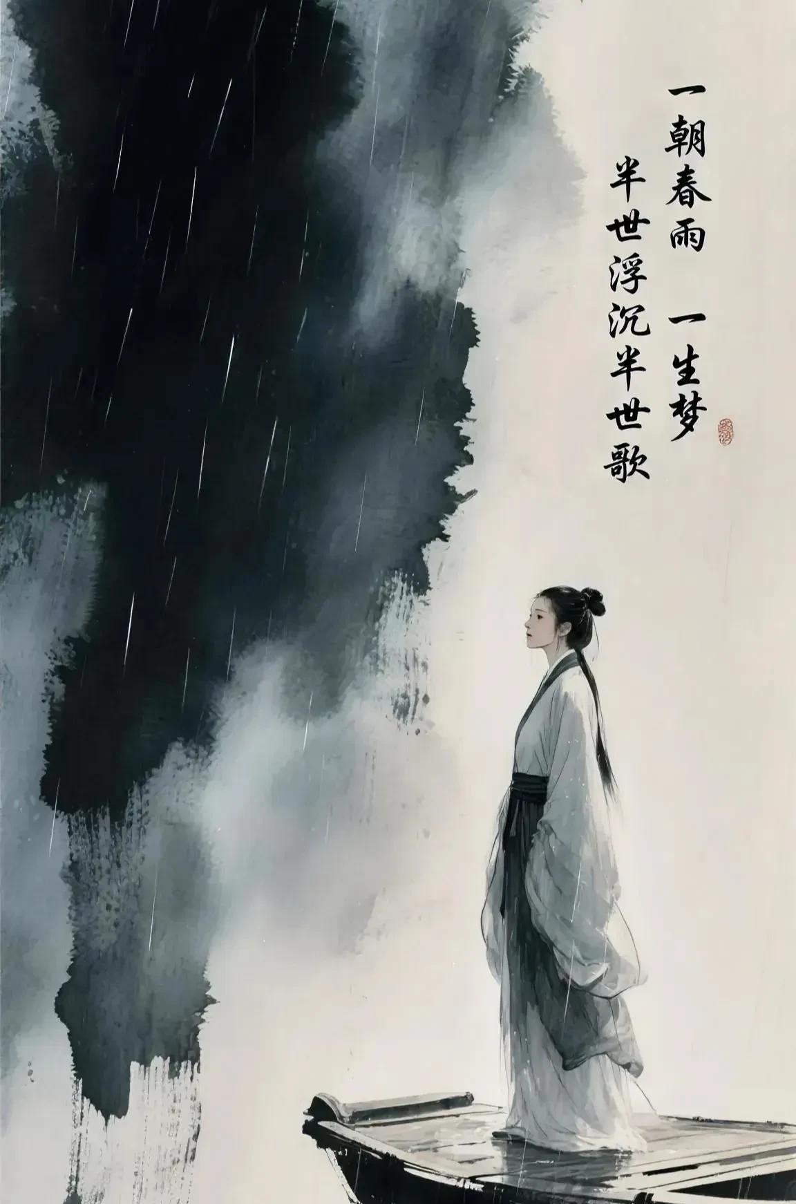 大雨滂沱天空尽显晦暗她孤立船角思念无果目之所及皆是远方她已无力反驳