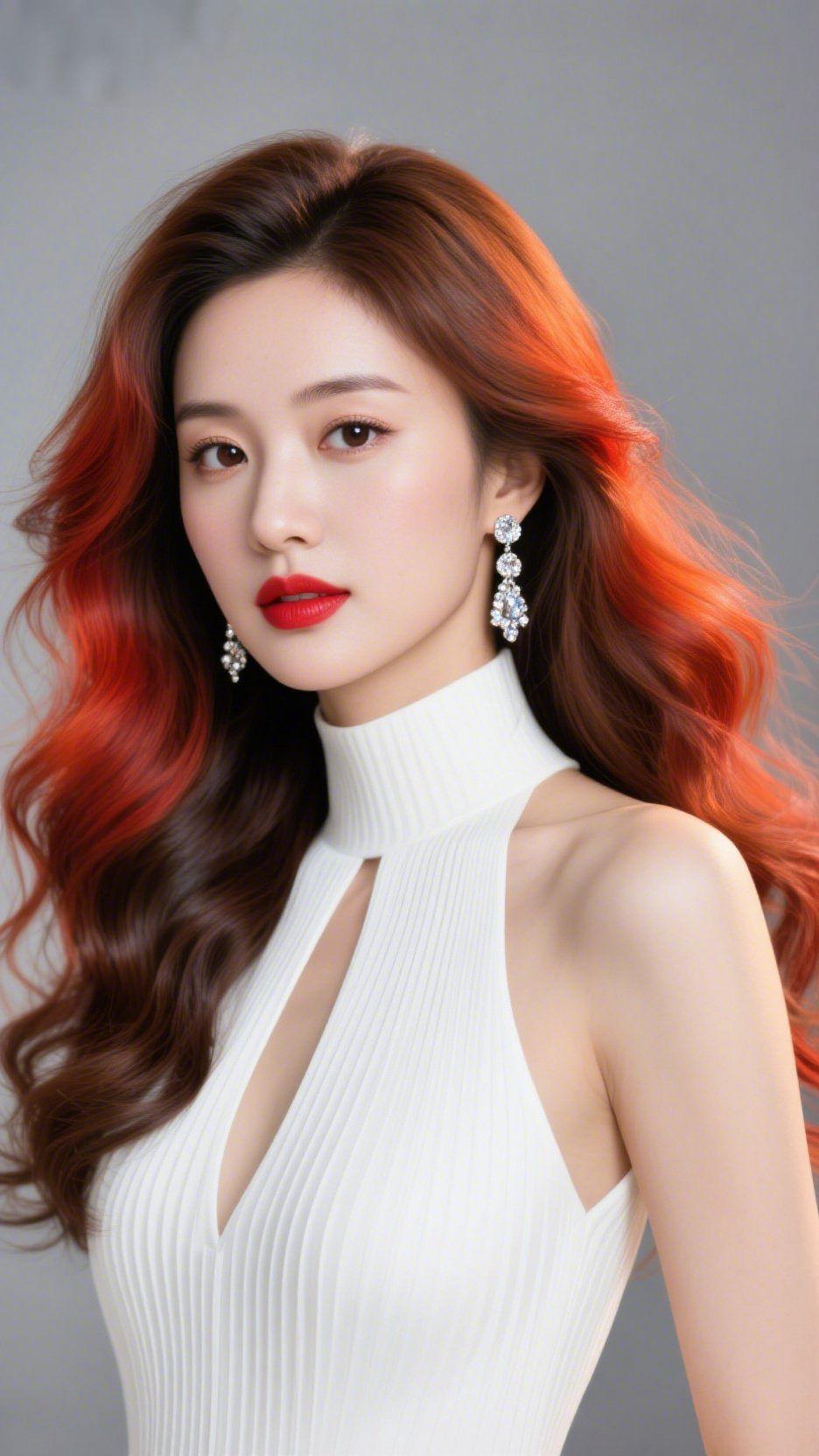 红棕发梢的素白风她的发梢揉着落日余韵，从深棕晕向暖红，每缕卷都裹着黄昏的温