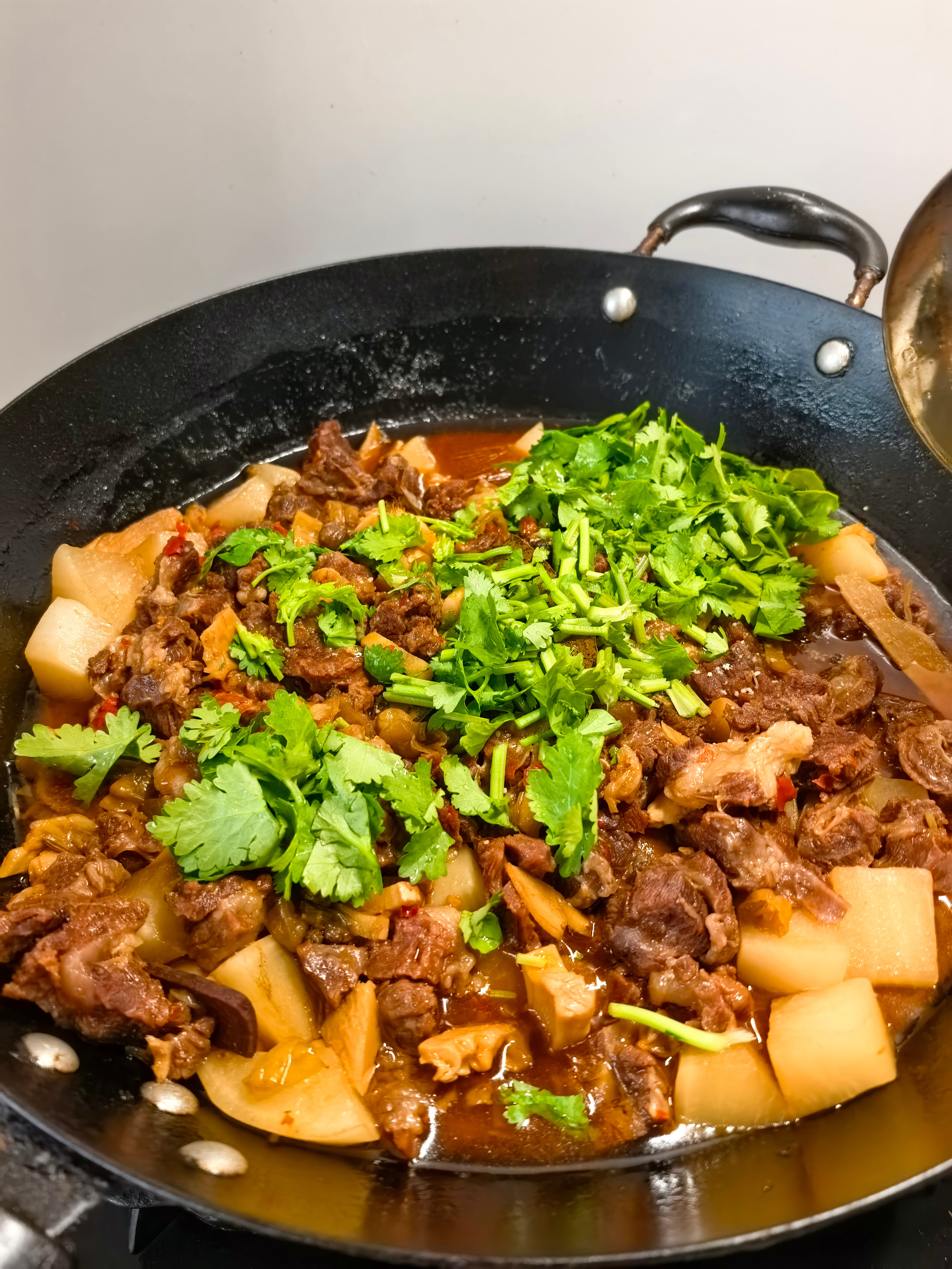 今天又做了红烧牛肉，加了萝卜和笋干。有一点问题就是太辣了。一不小心又把辣椒放多了