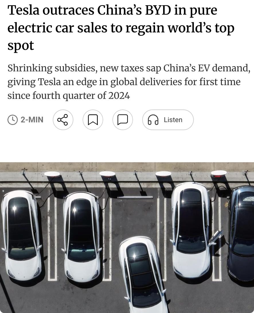 外媒：特斯拉在2026年第一季度以35.8万辆的纯电动汽车交付量重新夺回全球销量