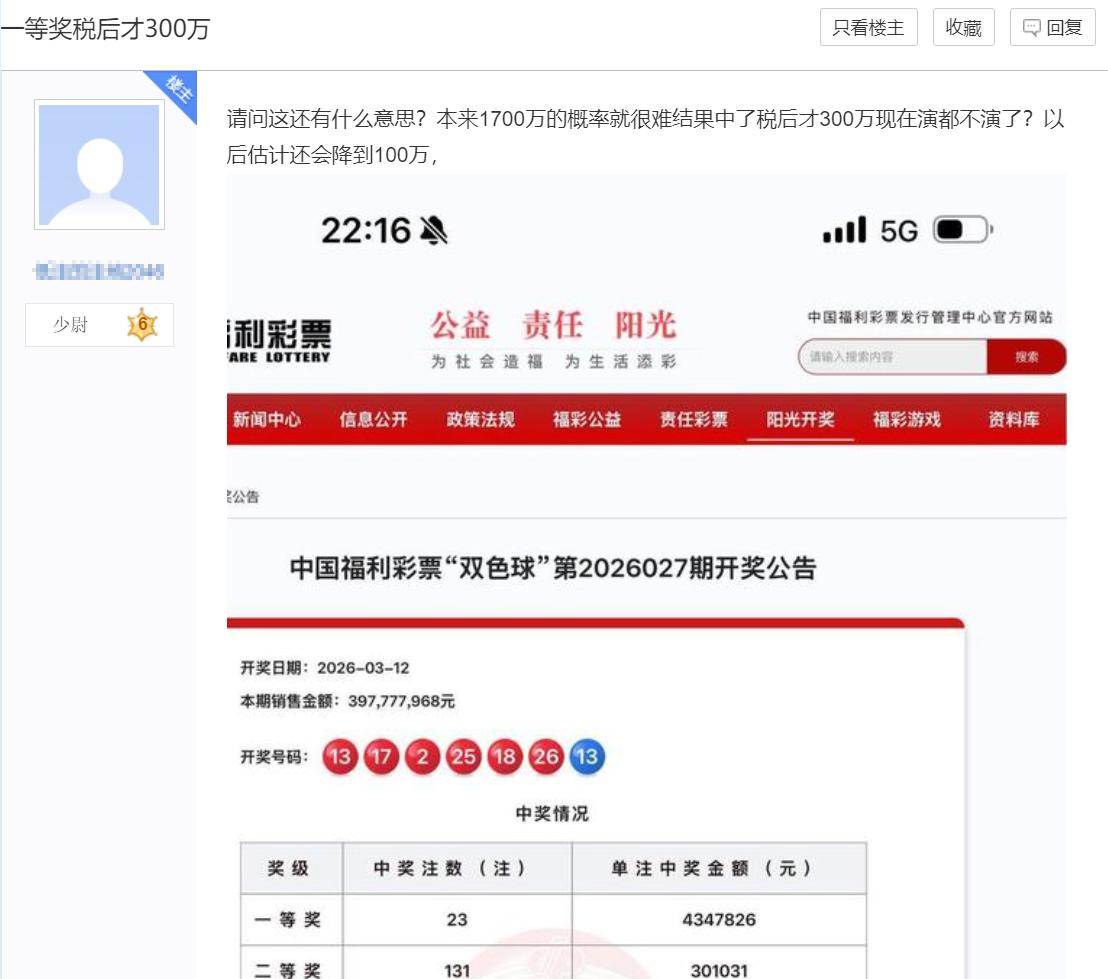 彩友吐槽双色球一等奖税后才300万实在没意思，这个抱怨其实不无道理：大盘彩之所以