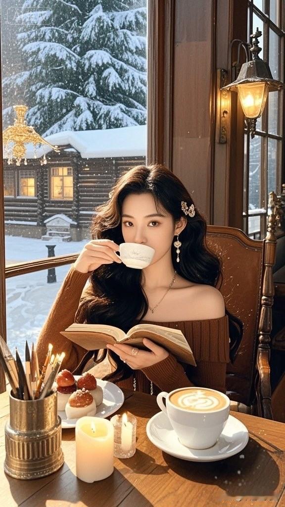 一位女士在窗边喝咖啡，看着雪景。