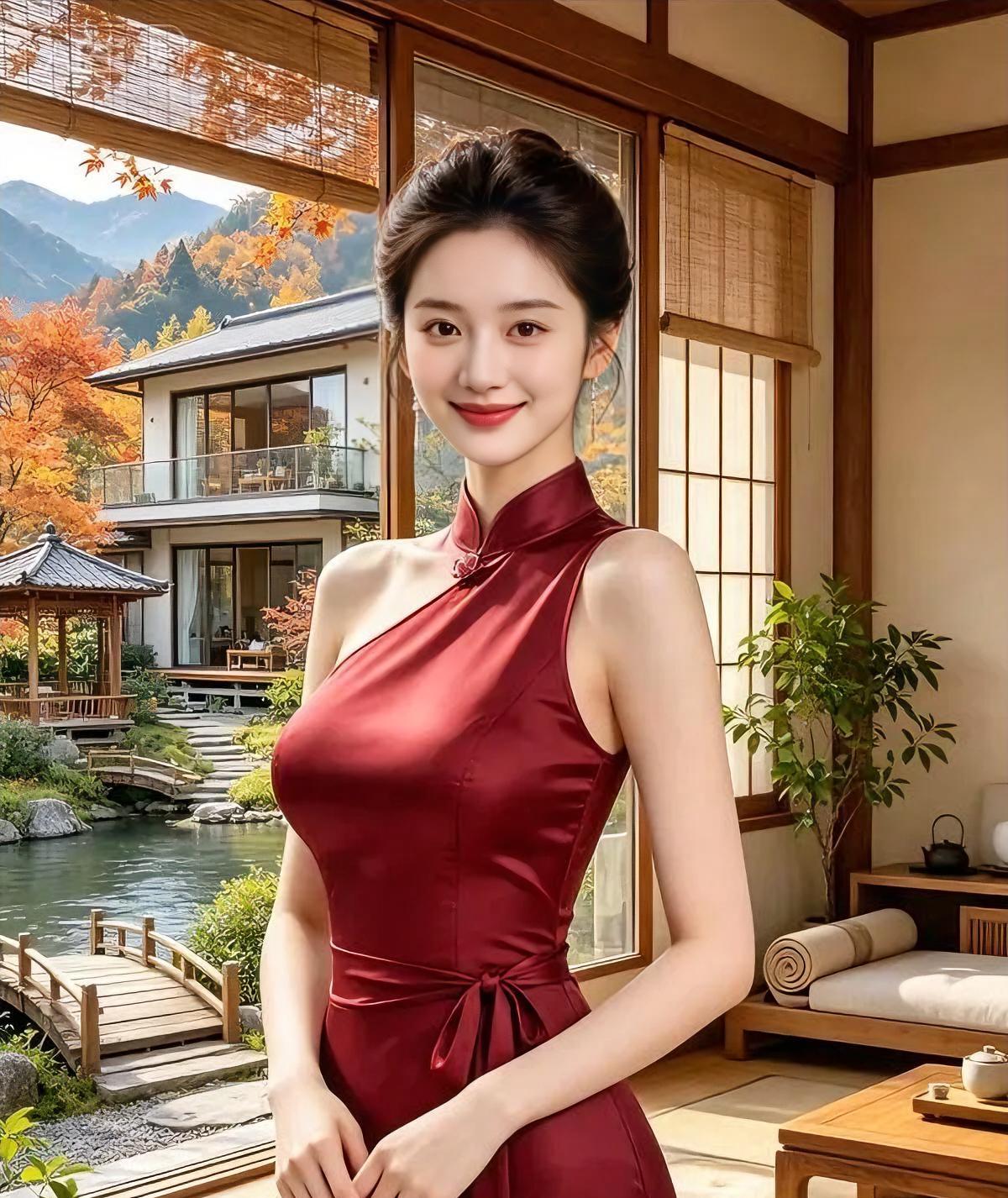 《秋窗下的红妆》酒红旗袍，盛着秋的温婉，盘扣轻系，笑意如茶汤正暖。竹
