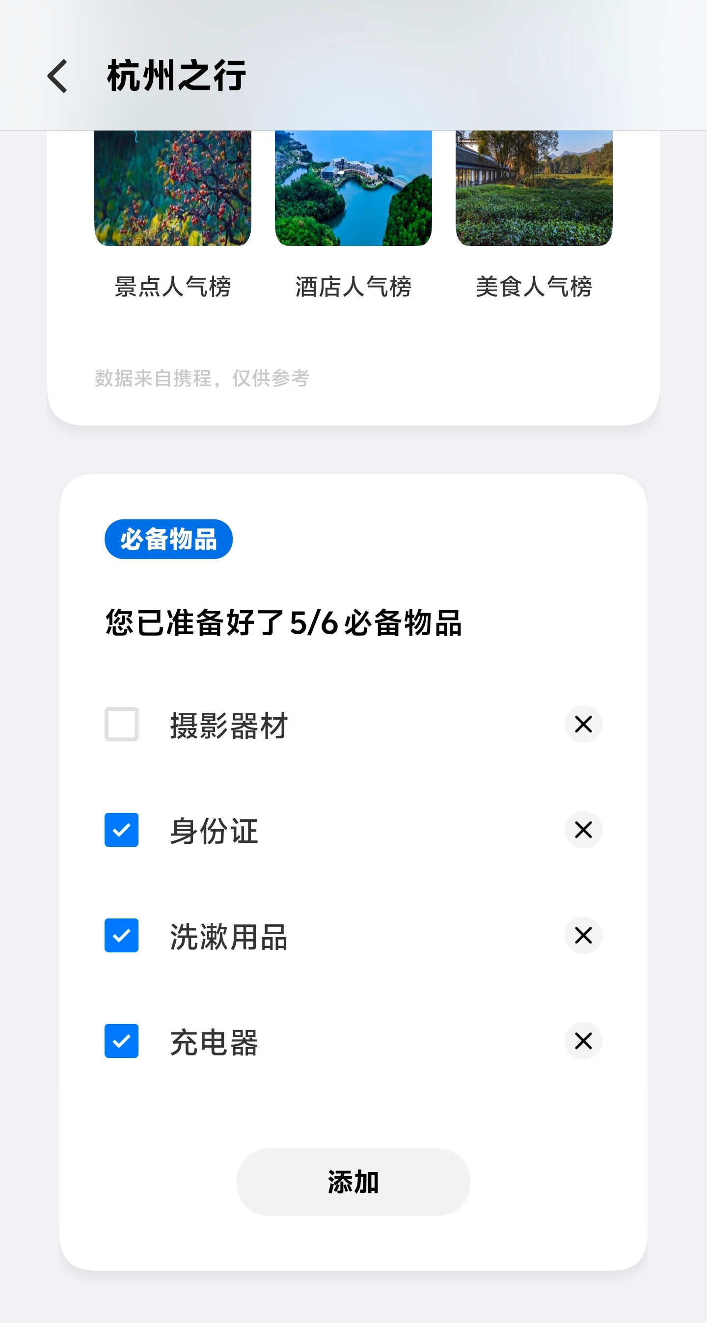 蓝厂做的这个出行助手真的贴心，不仅有天气和旅游攻略，还有必备物品列表，可自己添加