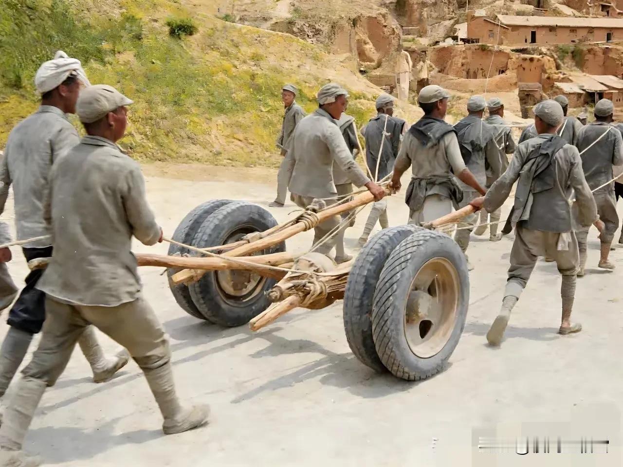 抗日战争时期，八路军在伏击日军的战斗中取得了胜利，战士们合力搬运缴获的日军汽车轮