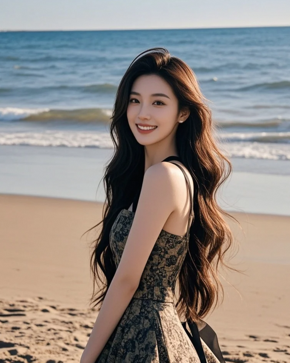 阳光明媚的午后，沙滩长发女孩展现诗意浪漫情怀