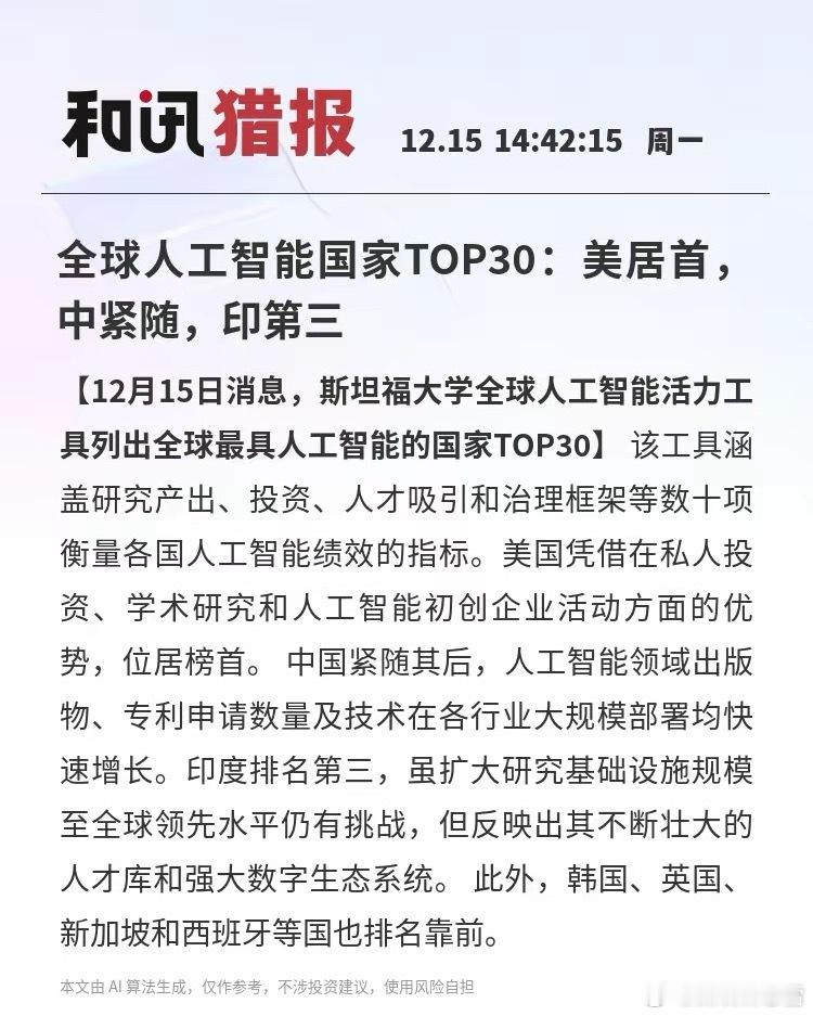 全球人工智能国家TOP30榜单出炉12月15日，斯坦福大学全球人工智能活力工具发