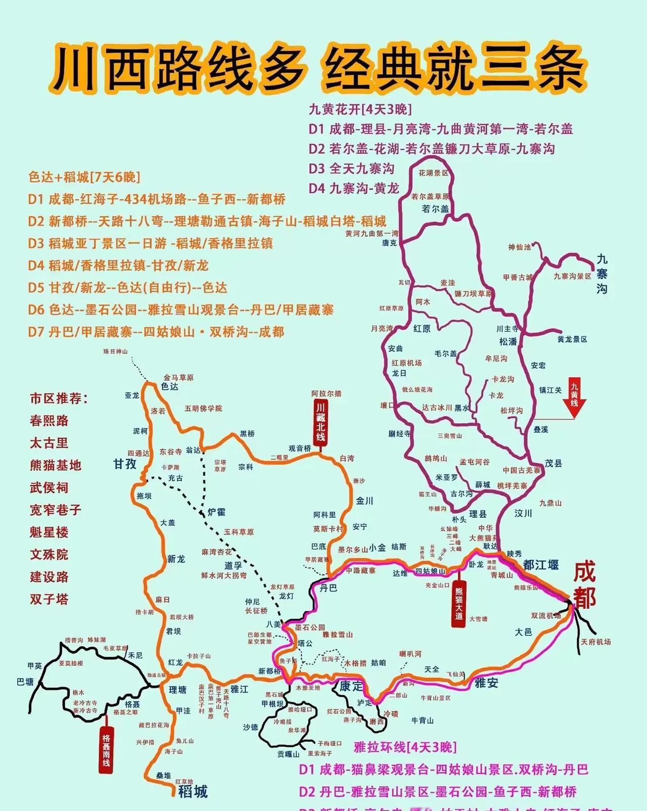 川西最经典的3条旅游自驾路线图