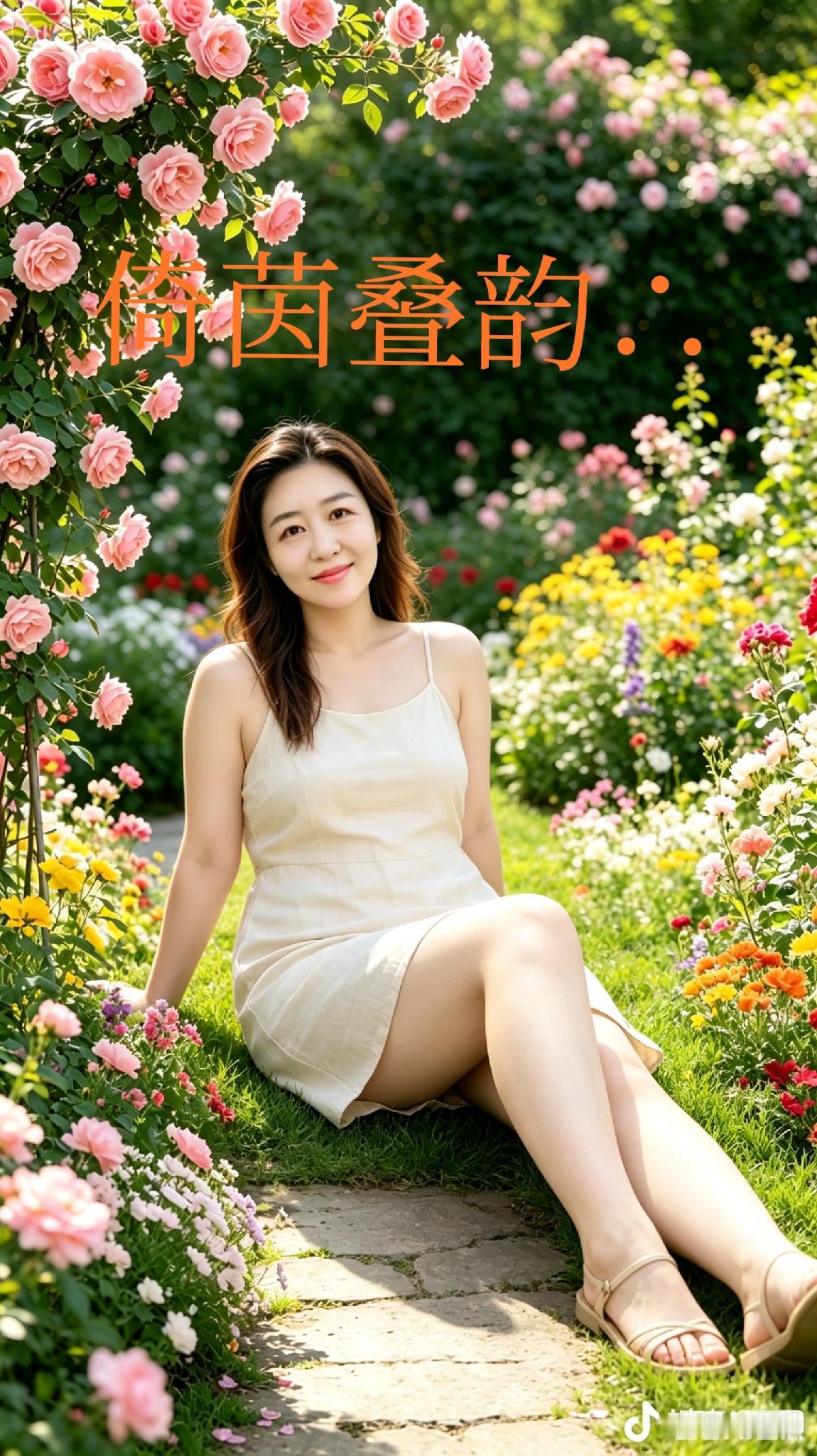 花径佳人二八娇娥坐草坪，花盈小径韵娉婷。短裙轻漾香风里，秀影斜倾画不成。