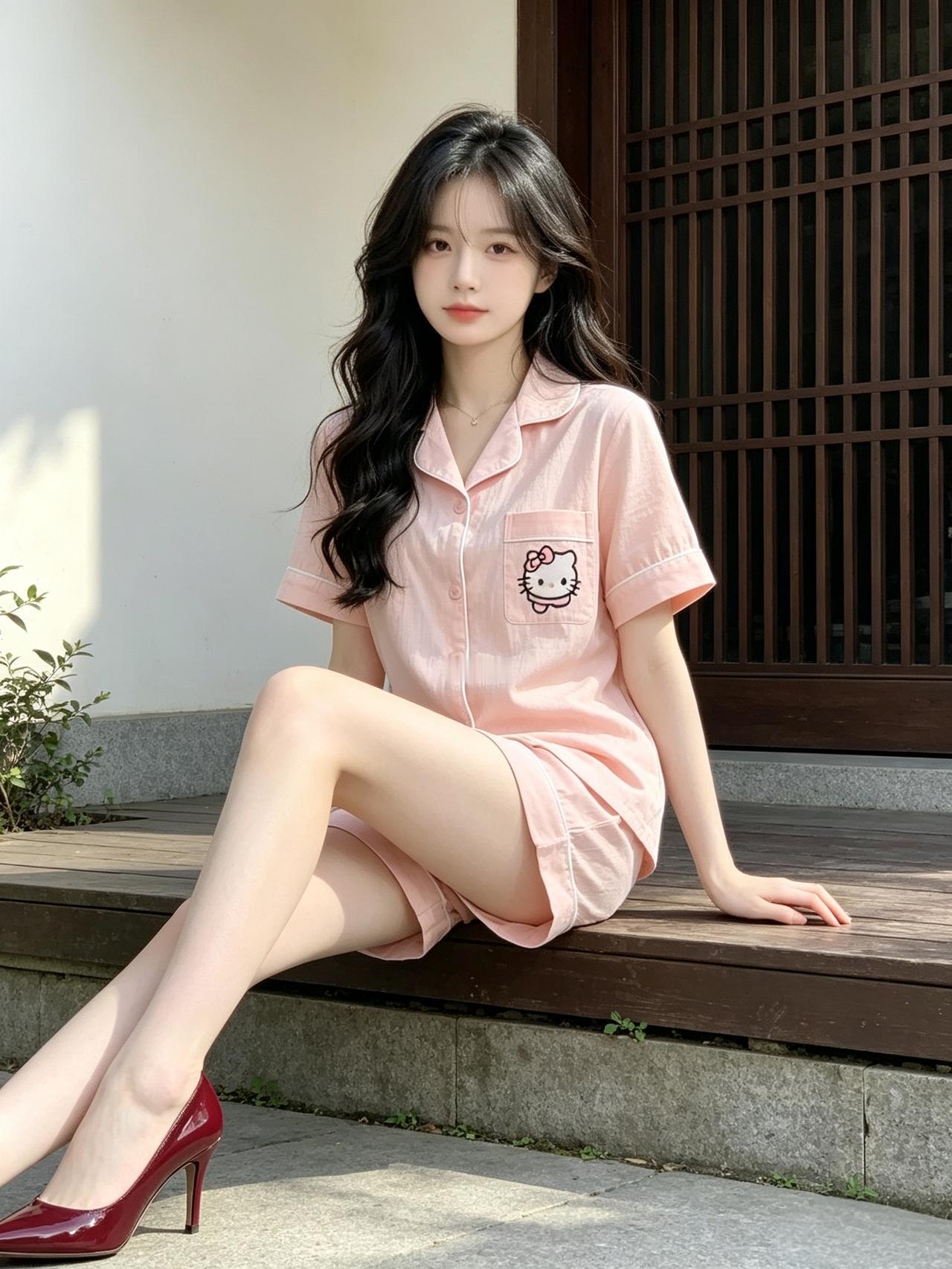 女孩子怎么穿搭既时尚又好看?粉色凯蒂猫睡衣太甜啦，搭配红高跟鞋，古韵白墙前蹲坐