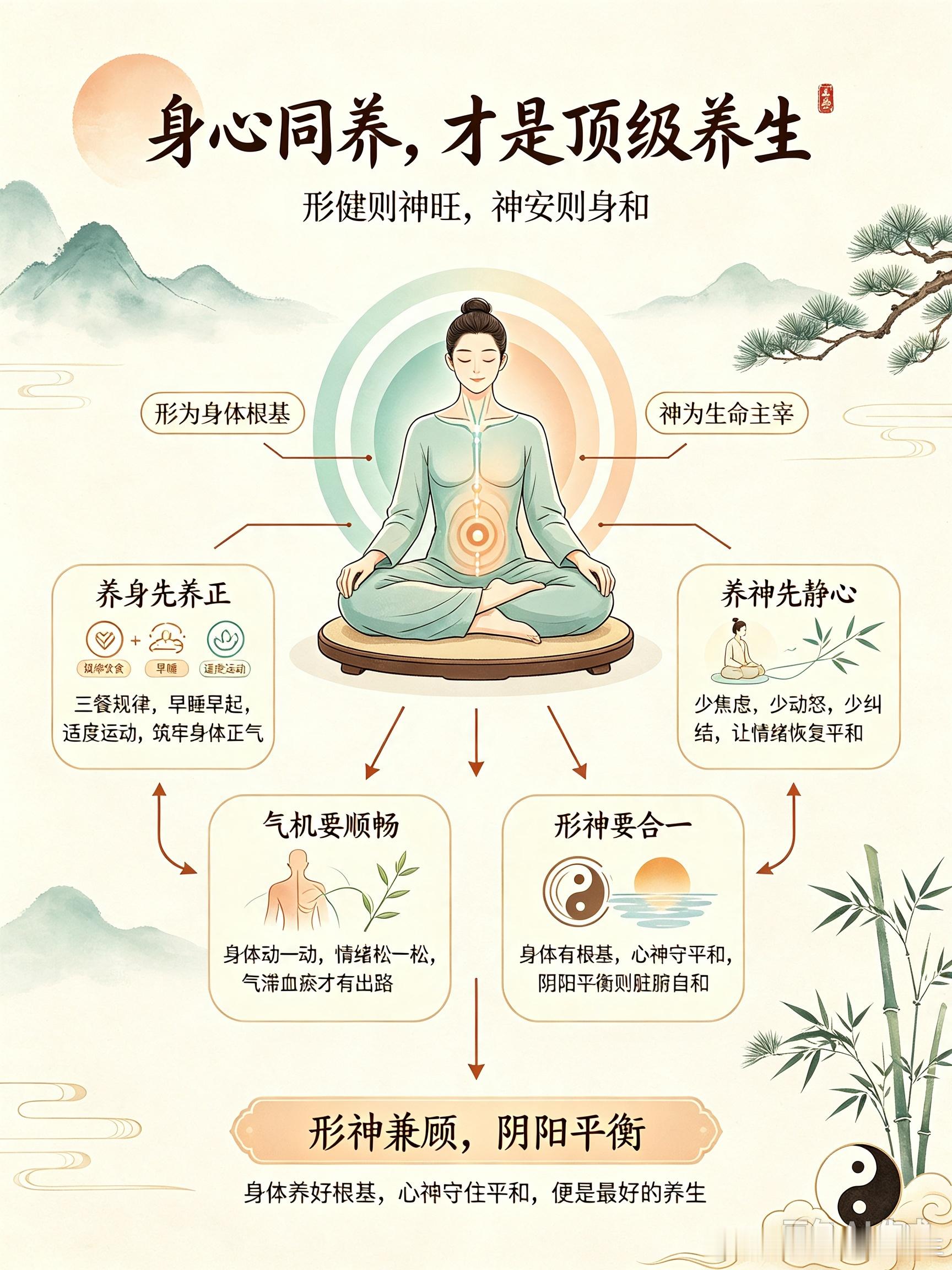 身心同养，才是顶级养生中医养生，从来不是单纯调养身体，而是身心合一的修行。《黄帝内经》提出：形神合一