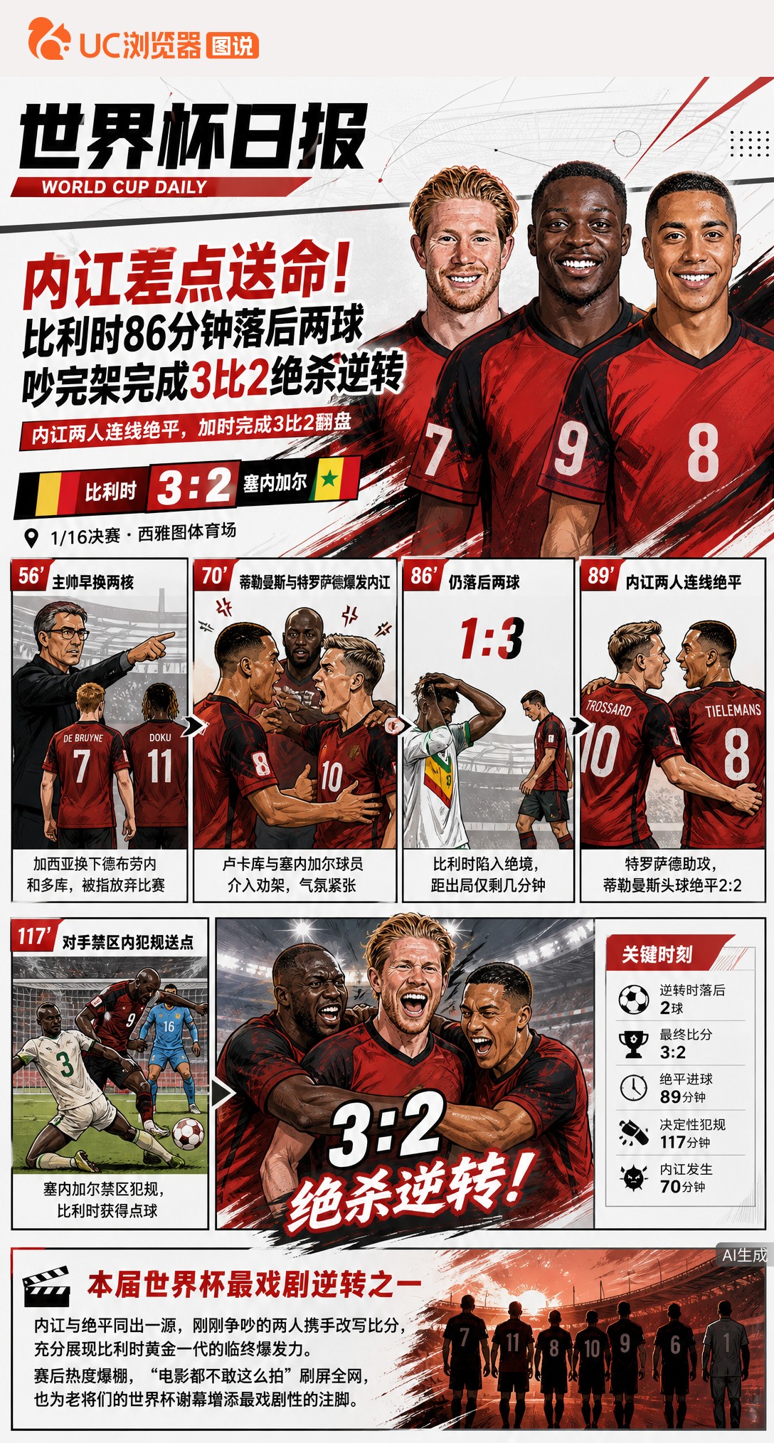 内讧差点送命！比利时86分钟落后两球，吵完架完成3比2绝杀逆转