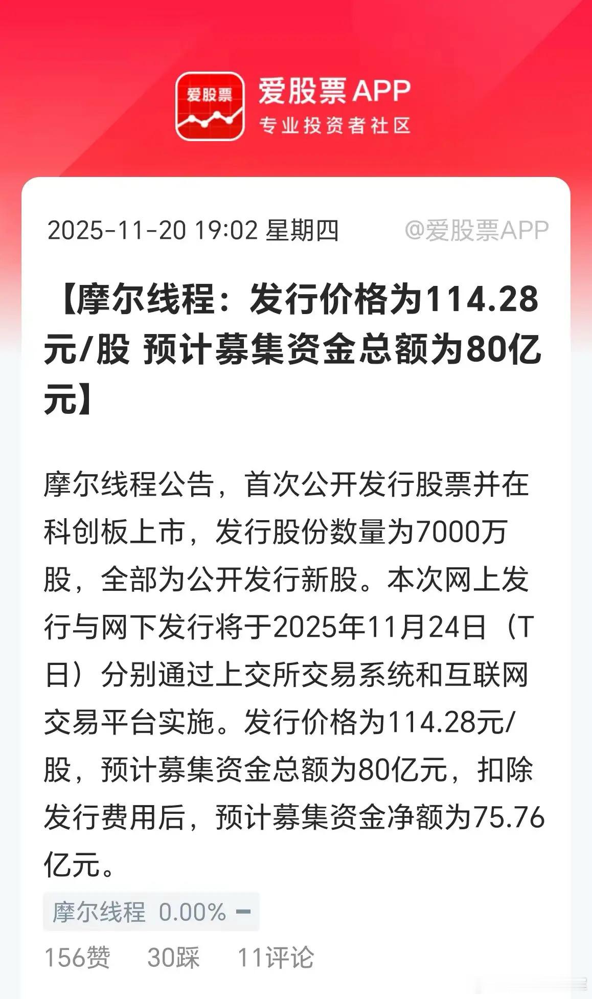摩尔线程PO定价114元，按照4.7亿股来算，上市的市值是530亿。募资总额为8