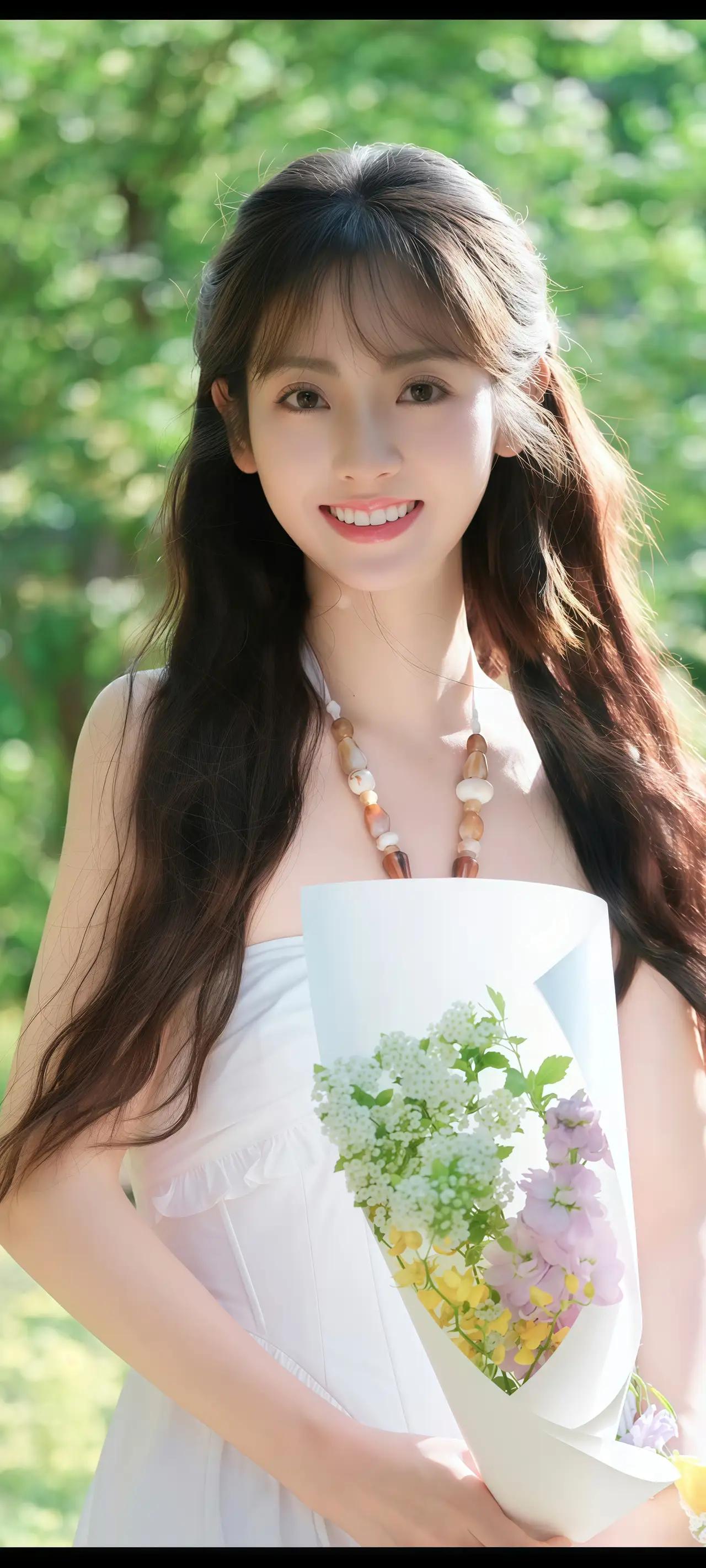 阳光下的少女与花束，清新自然，美好如画。