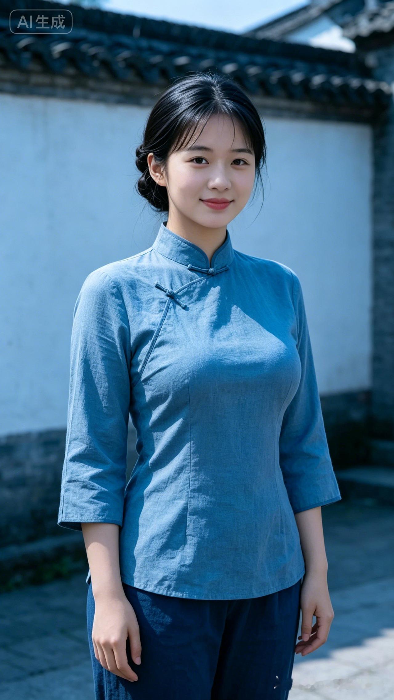 蓝衣少女，古典韵味，尽显东方之美