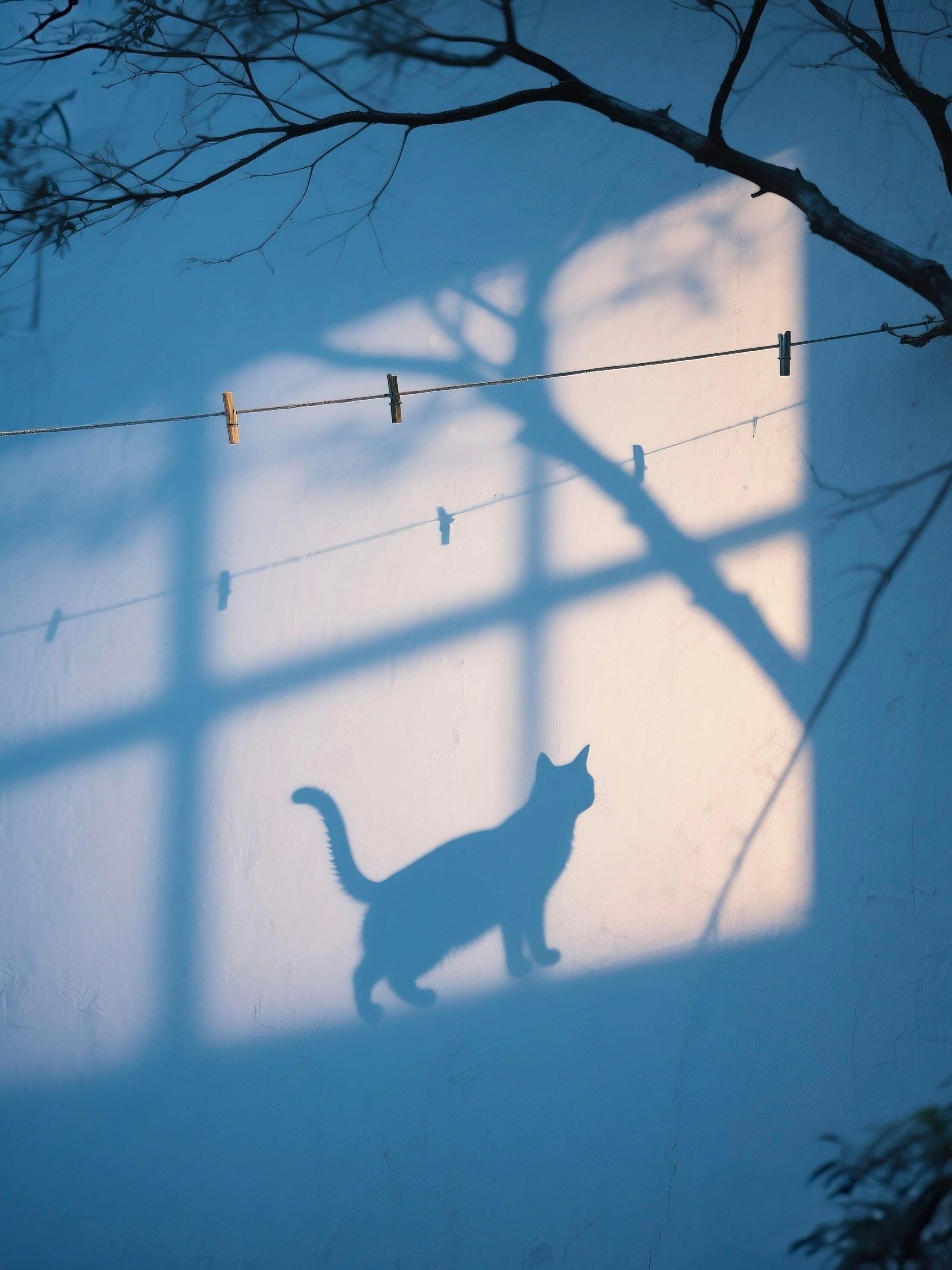 清晨，猫猫的影子爬上了墙​​​