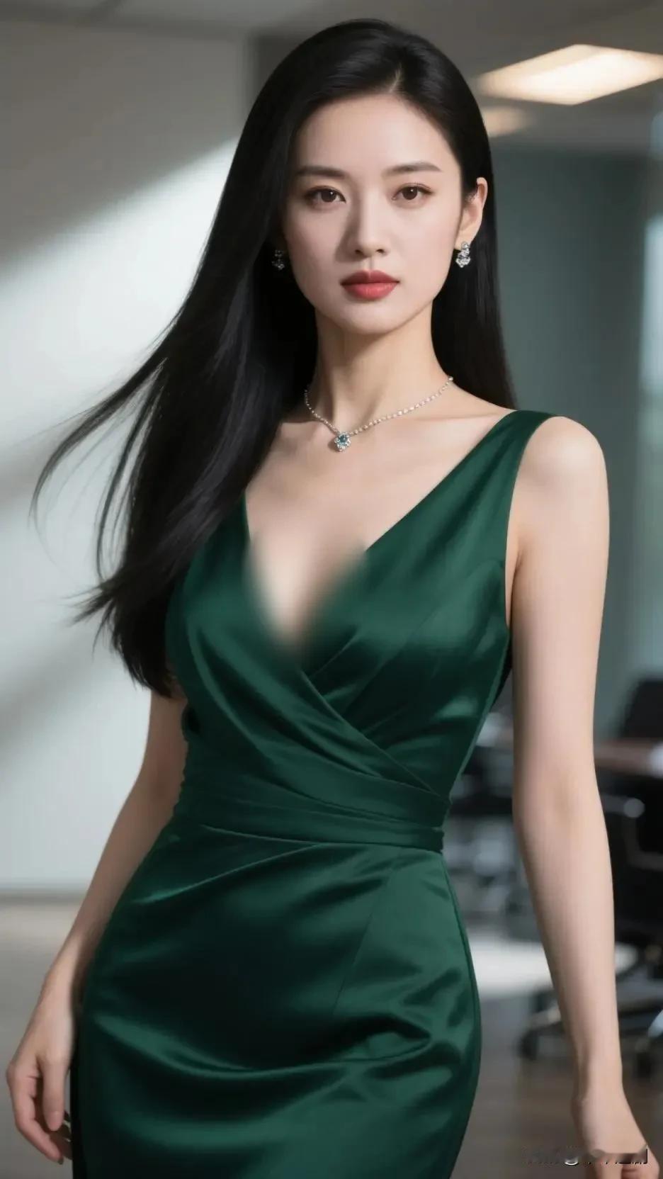 墨绿缎裙裹着冷艳的优雅，珠宝点缀出精致的锋芒，每一步都带着不被定义的气场💚轻