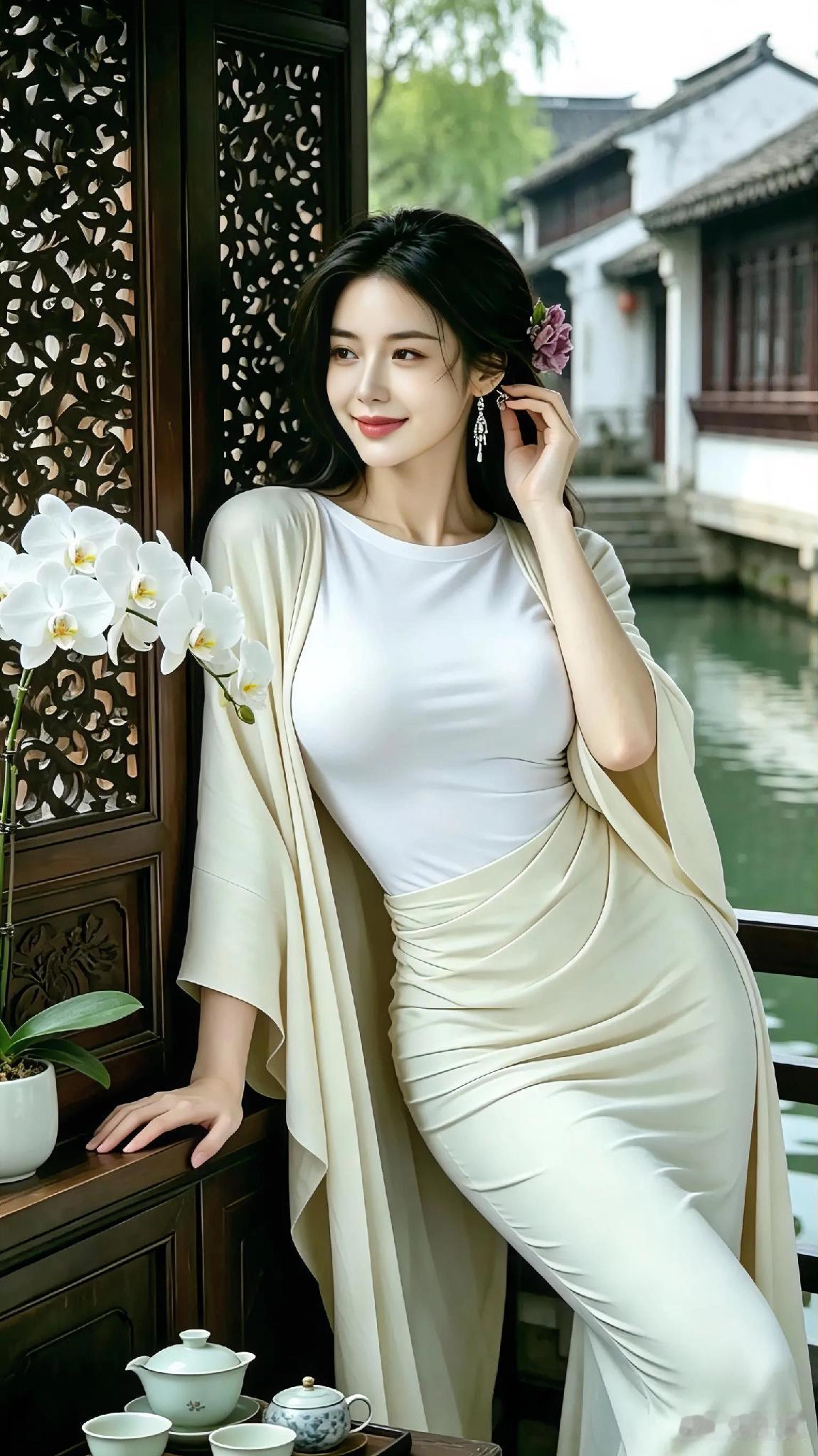 江南水乡的温婉女子，白衣飘飘，宛如仙子。高雅气质美女古典温婉美女江南烟