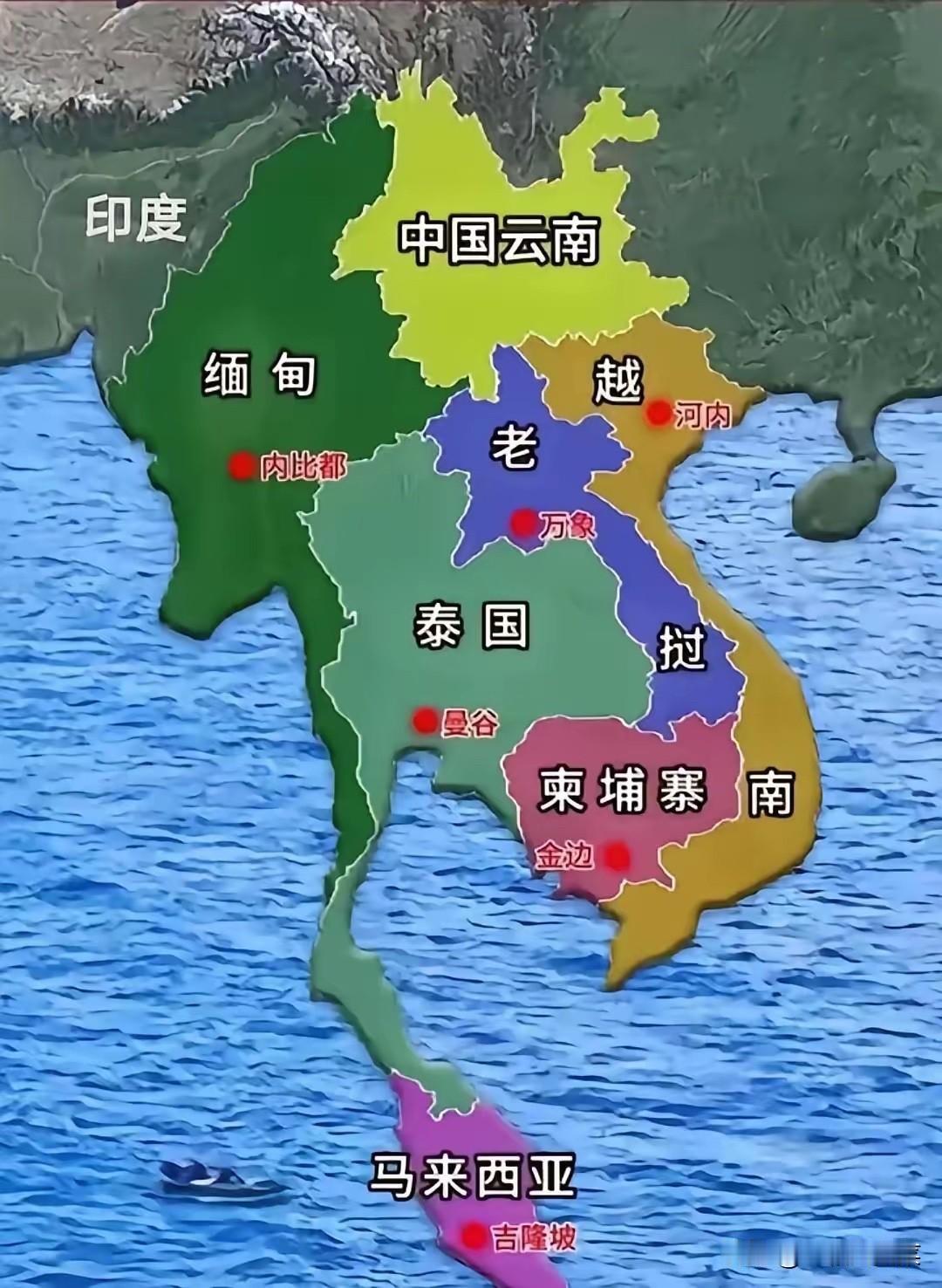 从这个图上看，云南还属于一个内陆省份，可是跟他不远的地方，比如说泰国，缅甸，越南