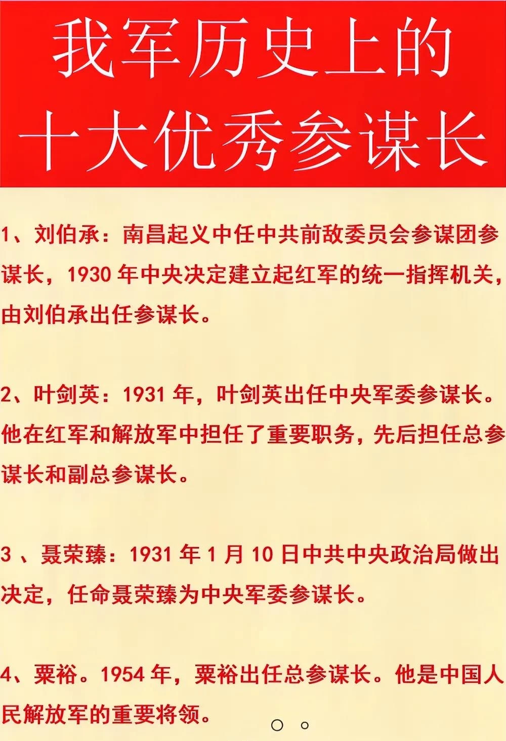 我军历史上“十大优秀参谋长”简介一览表。