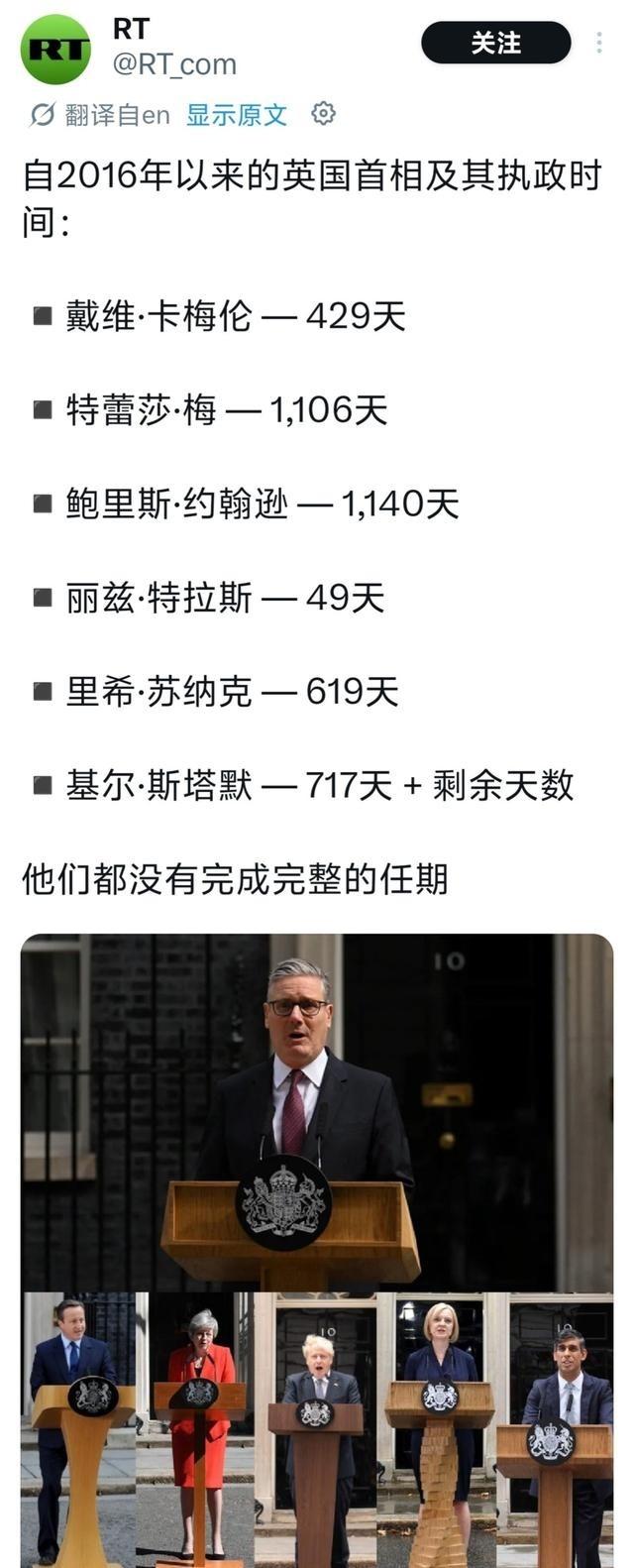 俄罗斯媒体发文揶揄英国10年换了7个首相，最短的特拉斯只干了四十多天。斯塔默还