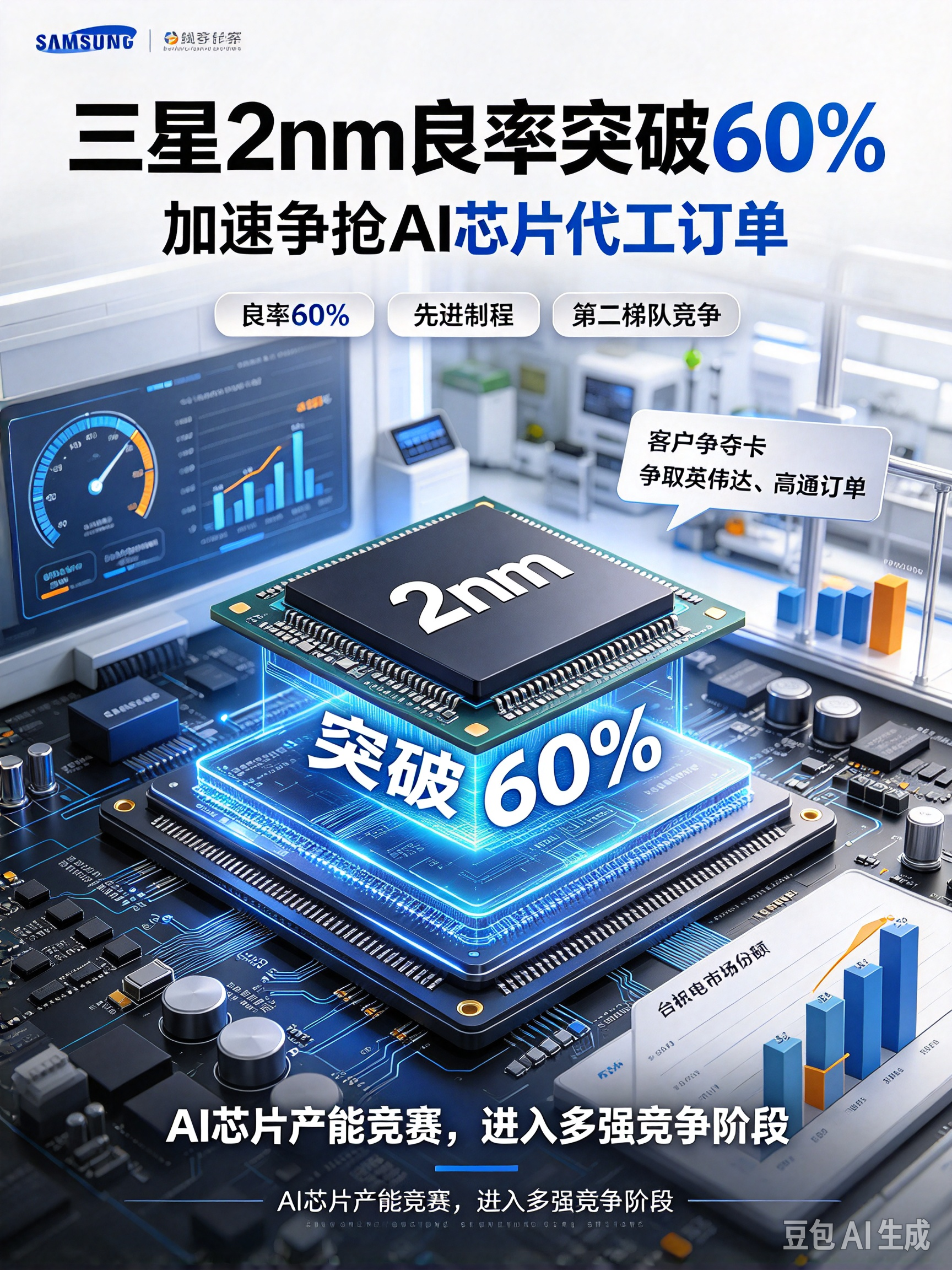 【三星2nm良率突破60%，加速争抢AI芯片代工订单】9月29日业内消息，三星代工的2nm制程良率已