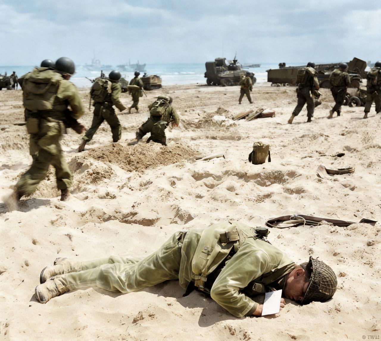 这是1944年6月诺曼底登陆中美军士兵进行冲锋。面对前面倒在敌人枪口下的战友，这