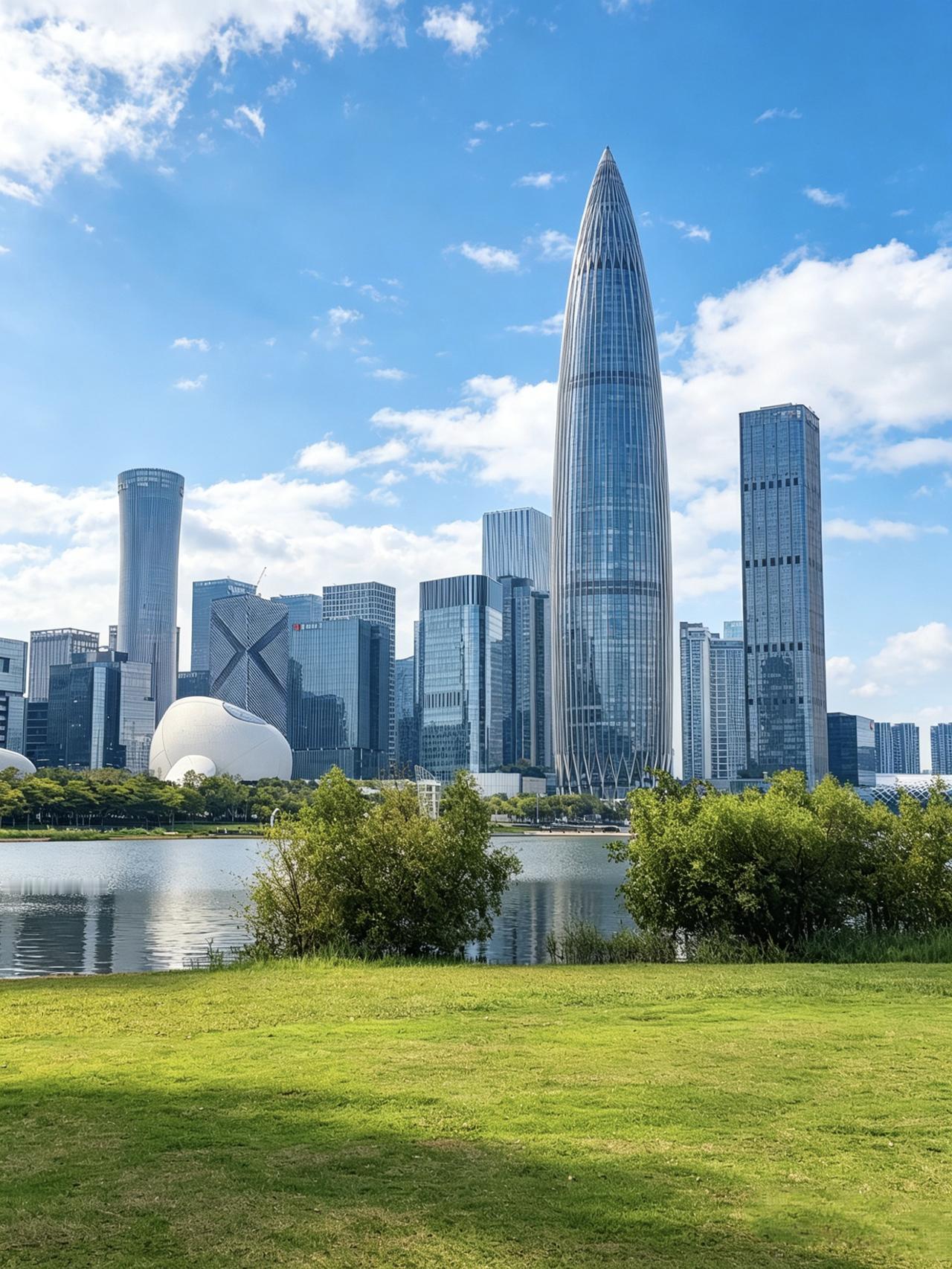 我绕行深圳人才公园一周拍的图片，春笋，笔筒，耳机，深圳湾一号都在了。用豆包P图