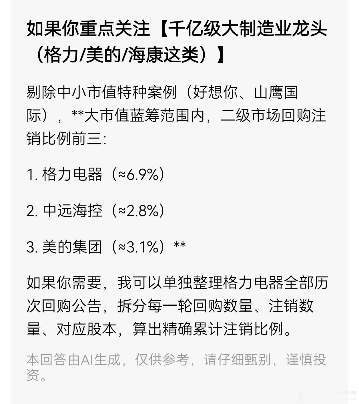 格力的优秀远远超出大众的感知。今天谈回购注销，格力才是A股成立以来的“回购注销王