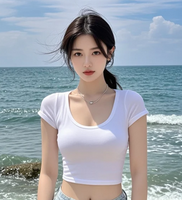 她在碧海蓝天间，散发着迷人光彩