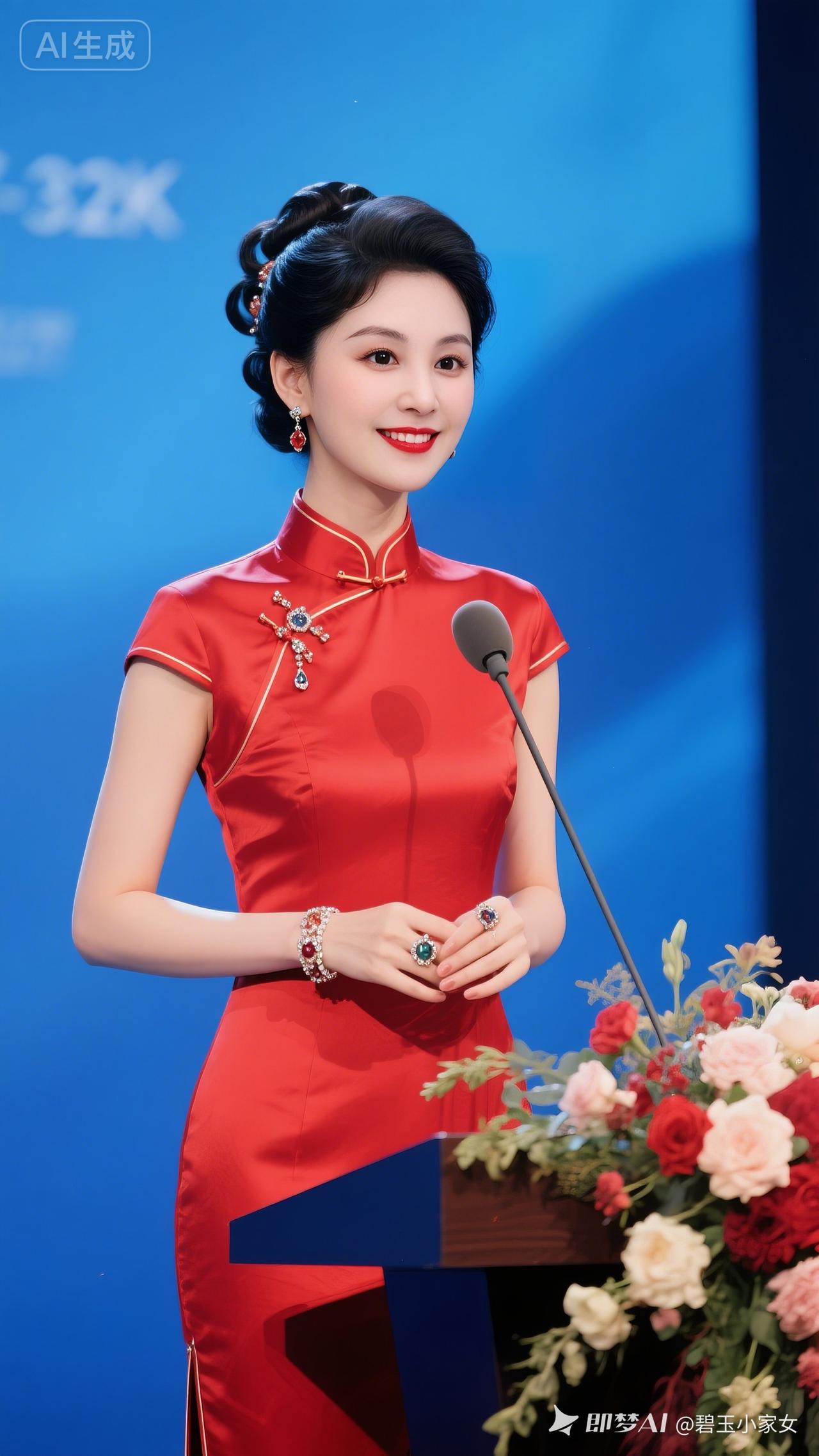 这位女士在台上演讲，穿着红色旗袍。